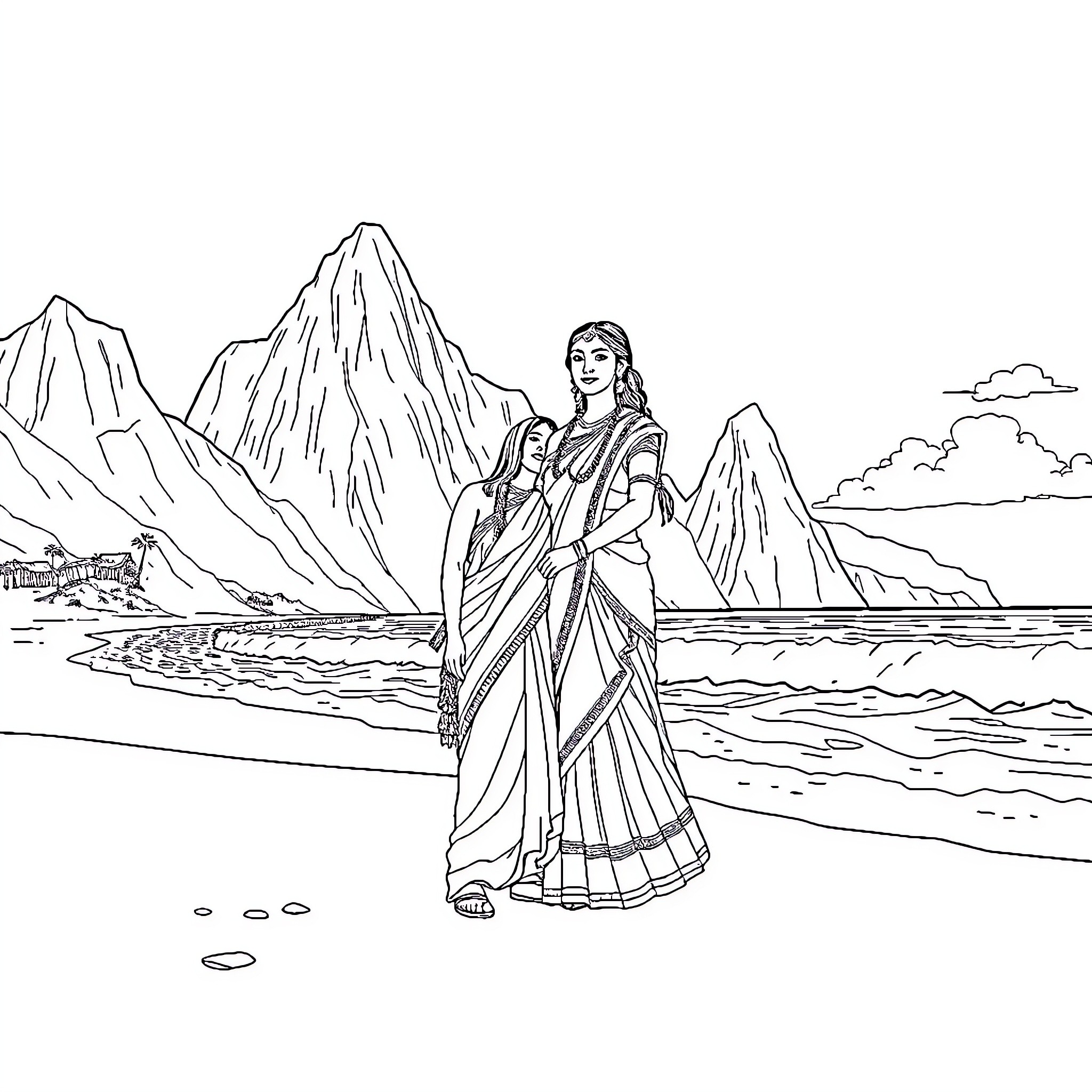 Couple in traditional Indian attire by the sea Coloring Page (free black-and-white line drawing printable PDF for all, from beginners to advanced learners, including children, teens, adults, and seniors)