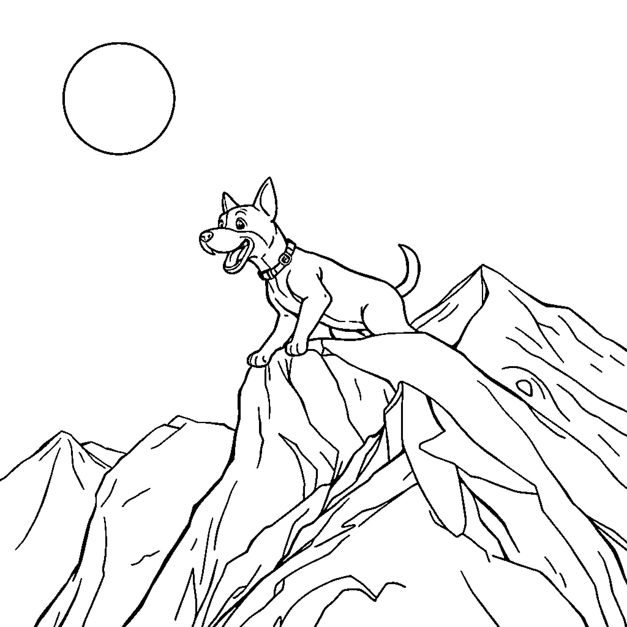 Dog exploring mountainous terrain Coloring Page (free black-and-white line drawing printable PDF for all, from beginners to advanced learners, including children, teens, adults, and seniors)