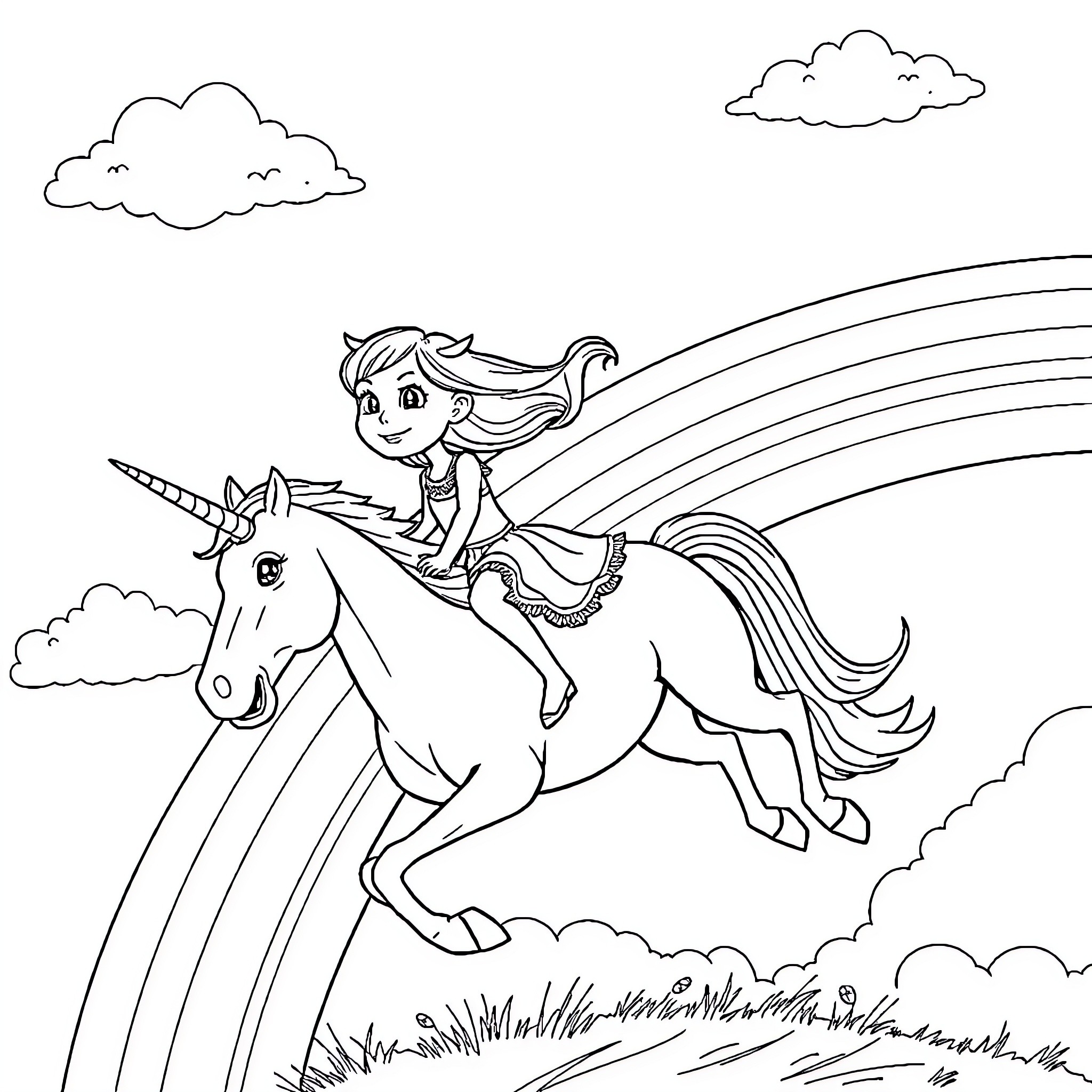 Girl riding unicorn through the clouds Coloring Page (free black-and-white line drawing printable PDF for all, from beginners to advanced learners, including children, teens, adults, and seniors)