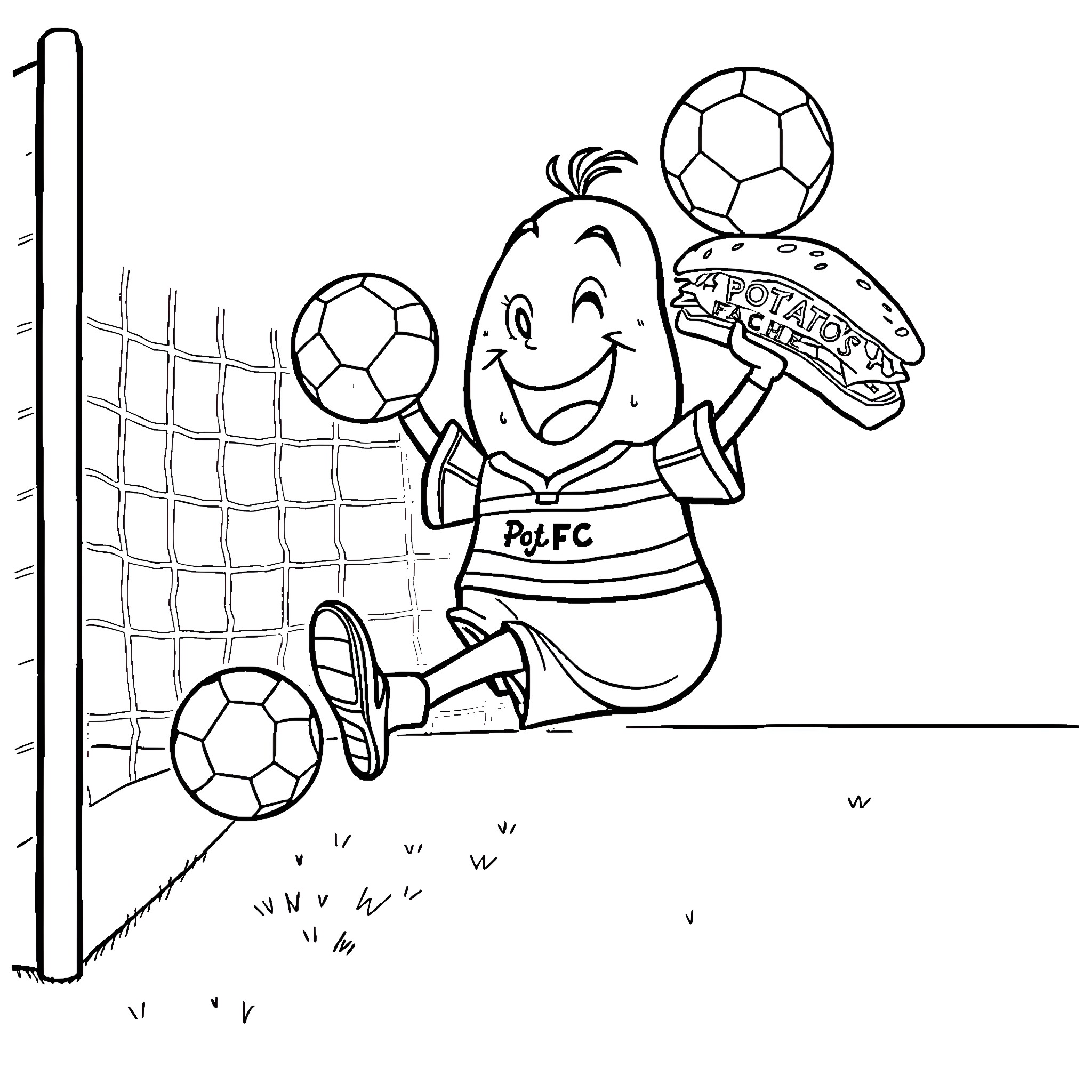 Potato playing with soccer balls on the field Coloring Page (free black-and-white line drawing printable PDF for all, from beginners to advanced learners, including children, teens, adults, and seniors)
