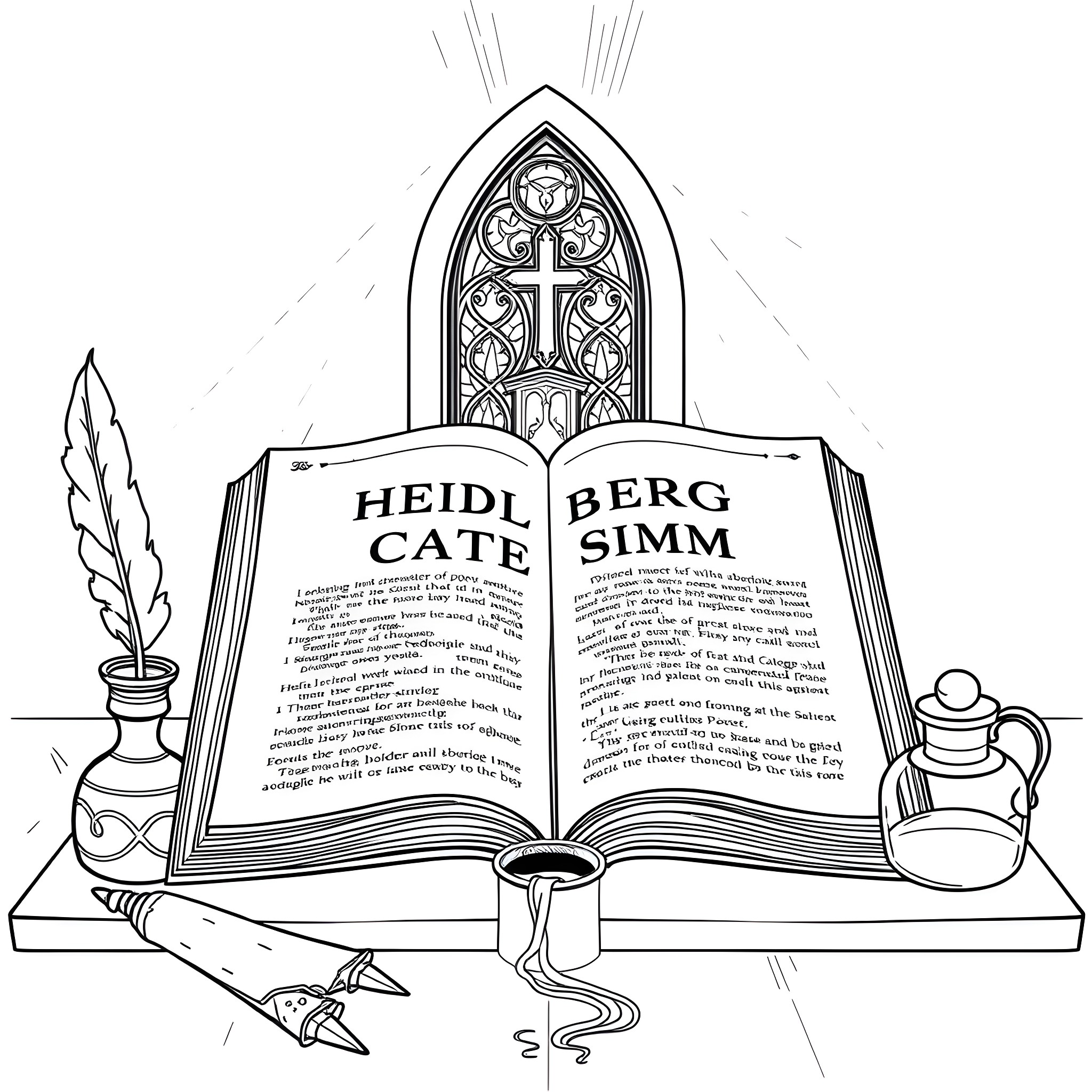 Heidelberg Catechism: Stained Glass and Open Book Coloring Page (free black-and-white line drawing printable PDF for all, from beginners to advanced learners, including children, teens, adults, and seniors)