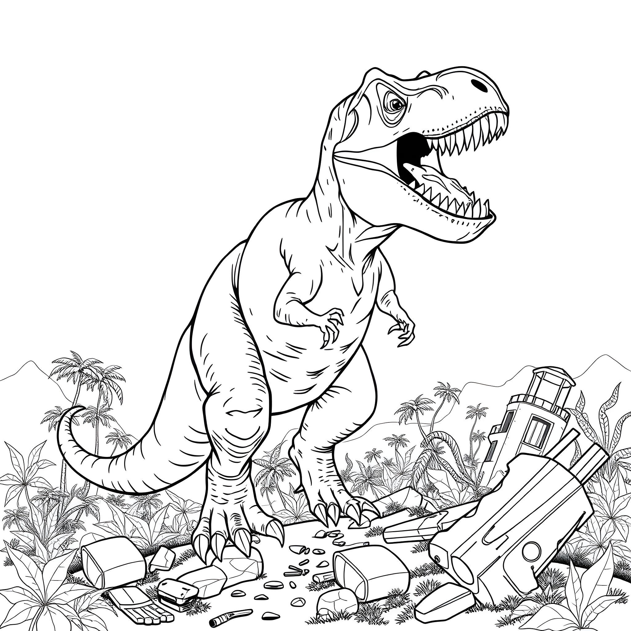 T-Rex Stomping Through Prehistoric Ruins Coloring Page (free black-and-white line drawing printable PDF for all, from beginners to advanced learners, including children, teens, adults, and seniors)