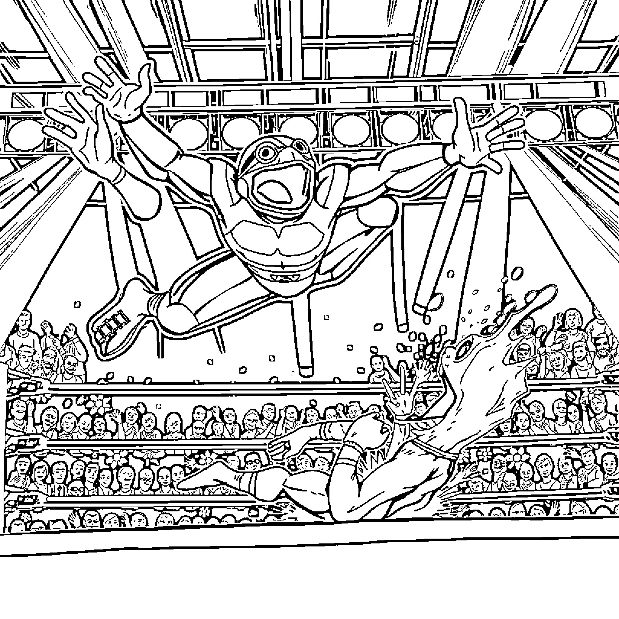 Penta Wrestlers Performing Acrobatic Moves in Arena Coloring Page (free black-and-white line drawing printable PDF for all, from beginners to advanced learners, including children, teens, adults, and seniors)
