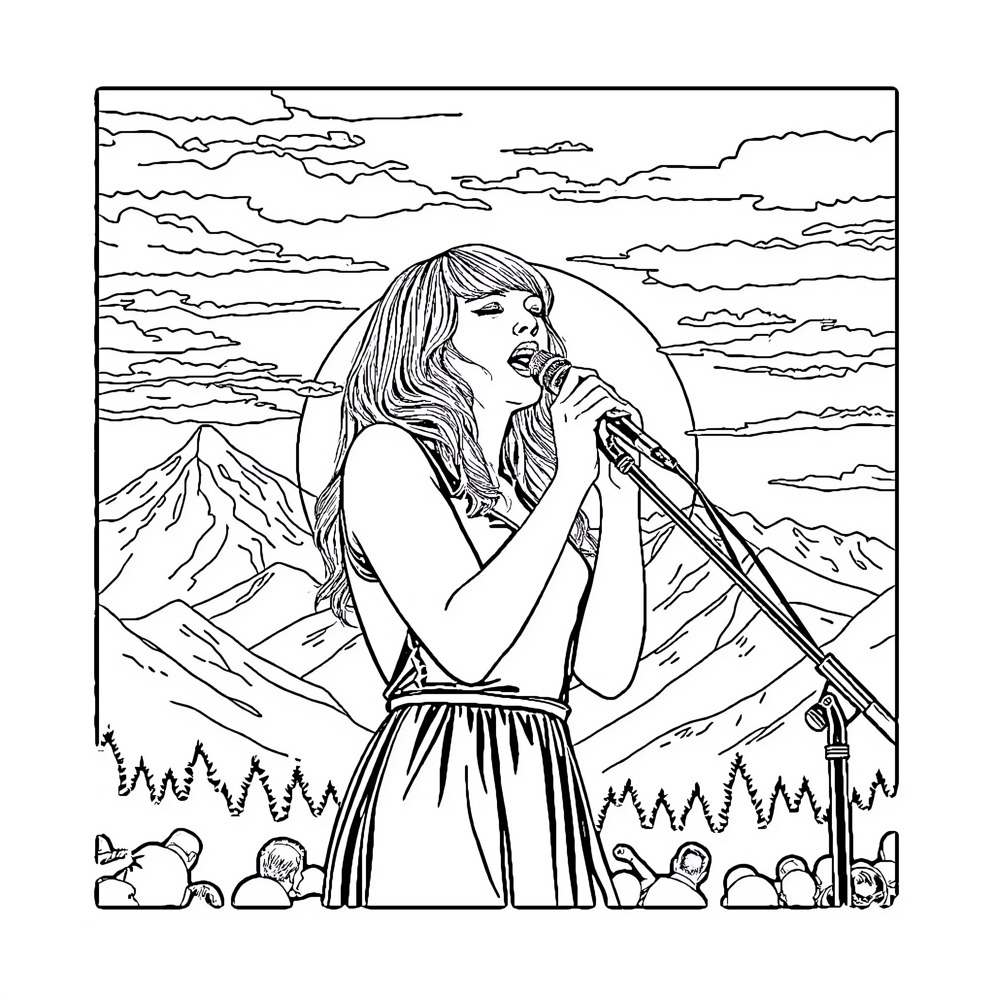 Taylor Swift Performing on Stage with Mountains Coloring Page (free black-and-white line drawing printable PDF for all, from beginners to advanced learners, including children, teens, adults, and seniors)