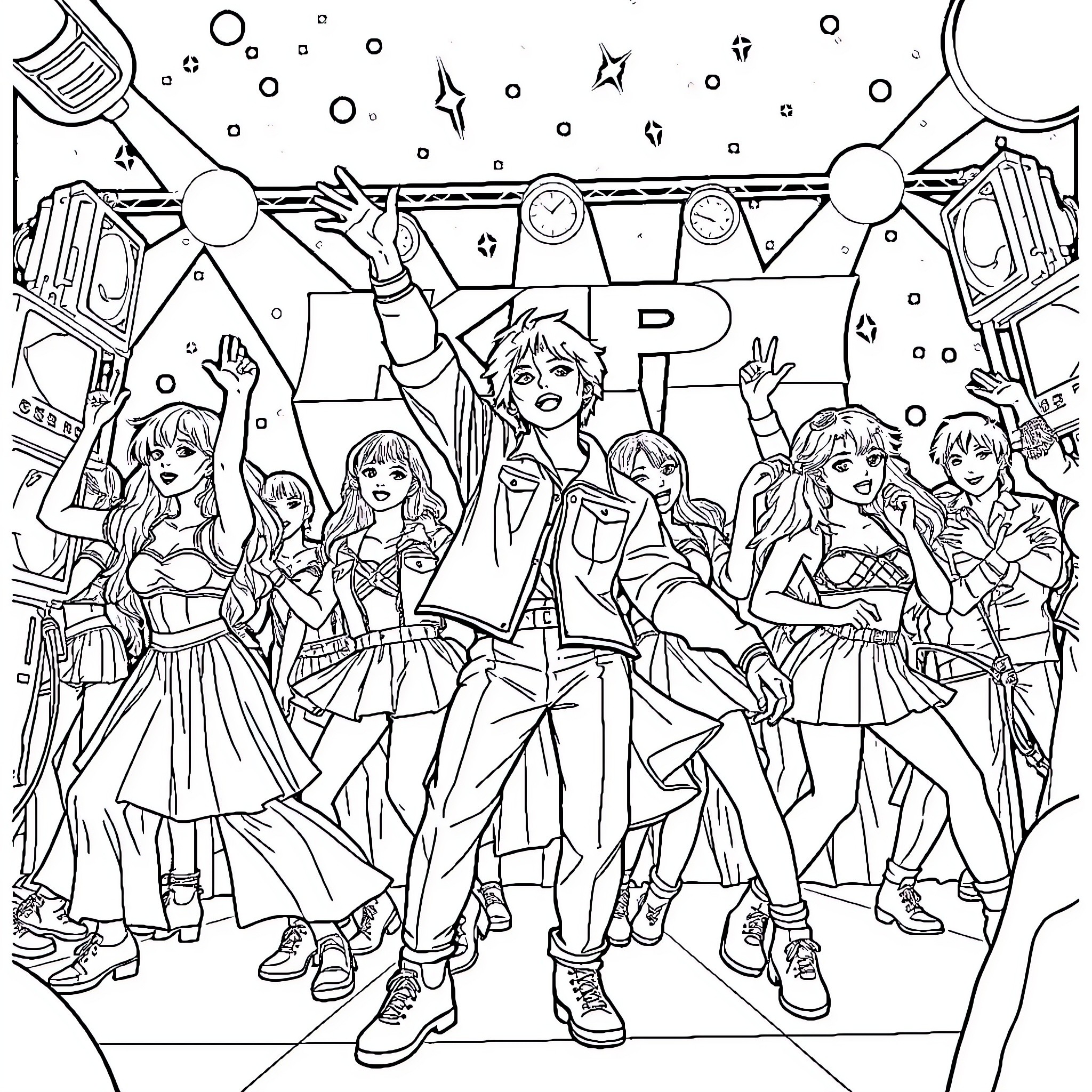 K Pop Performers Celebrating on Stage Coloring Page (free black-and-white line drawing printable PDF for all, from beginners to advanced learners, including children, teens, adults, and seniors)