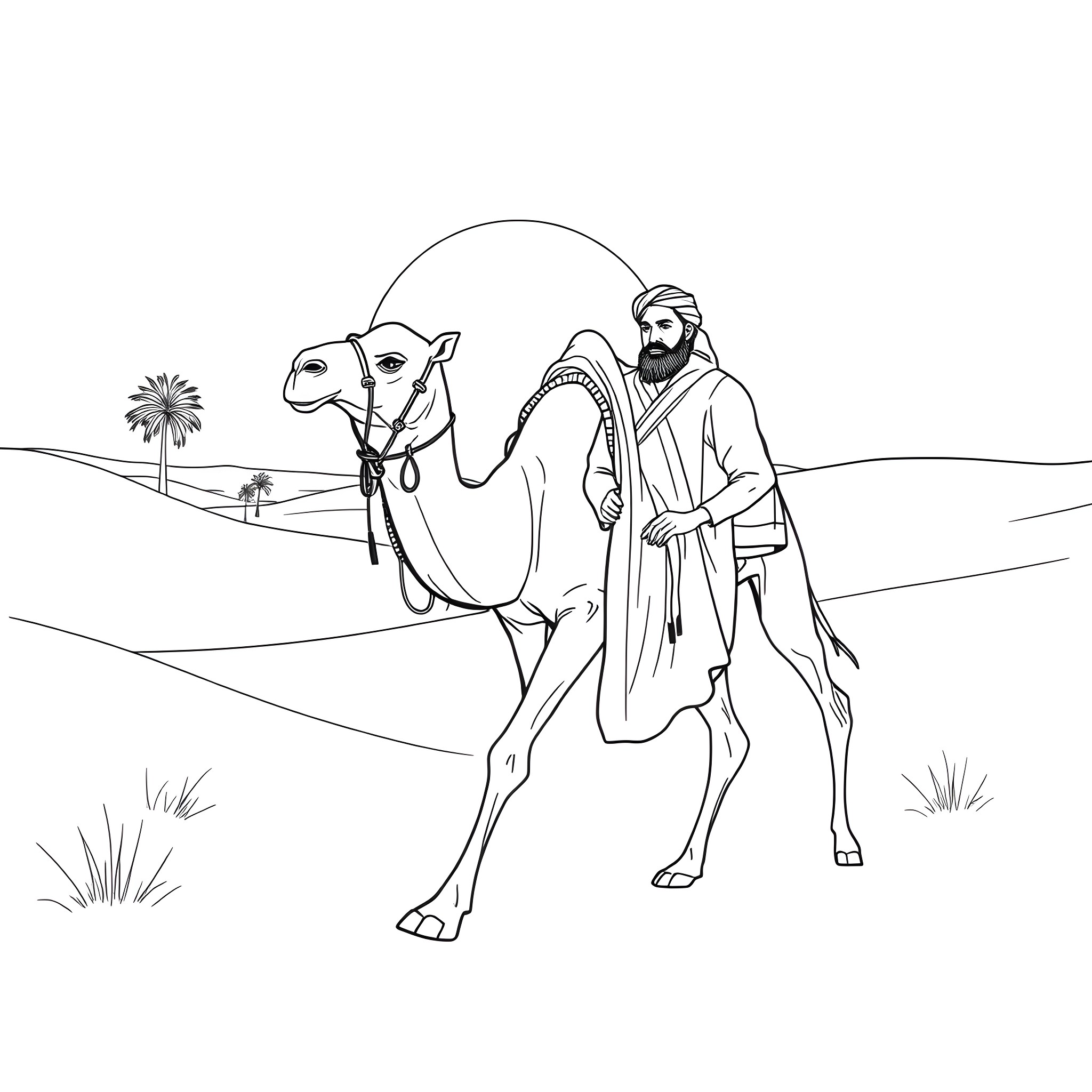 Camel and its rider in the desert landscape Coloring Page (free black-and-white line drawing printable PDF for all, from beginners to advanced learners, including children, teens, adults, and seniors)