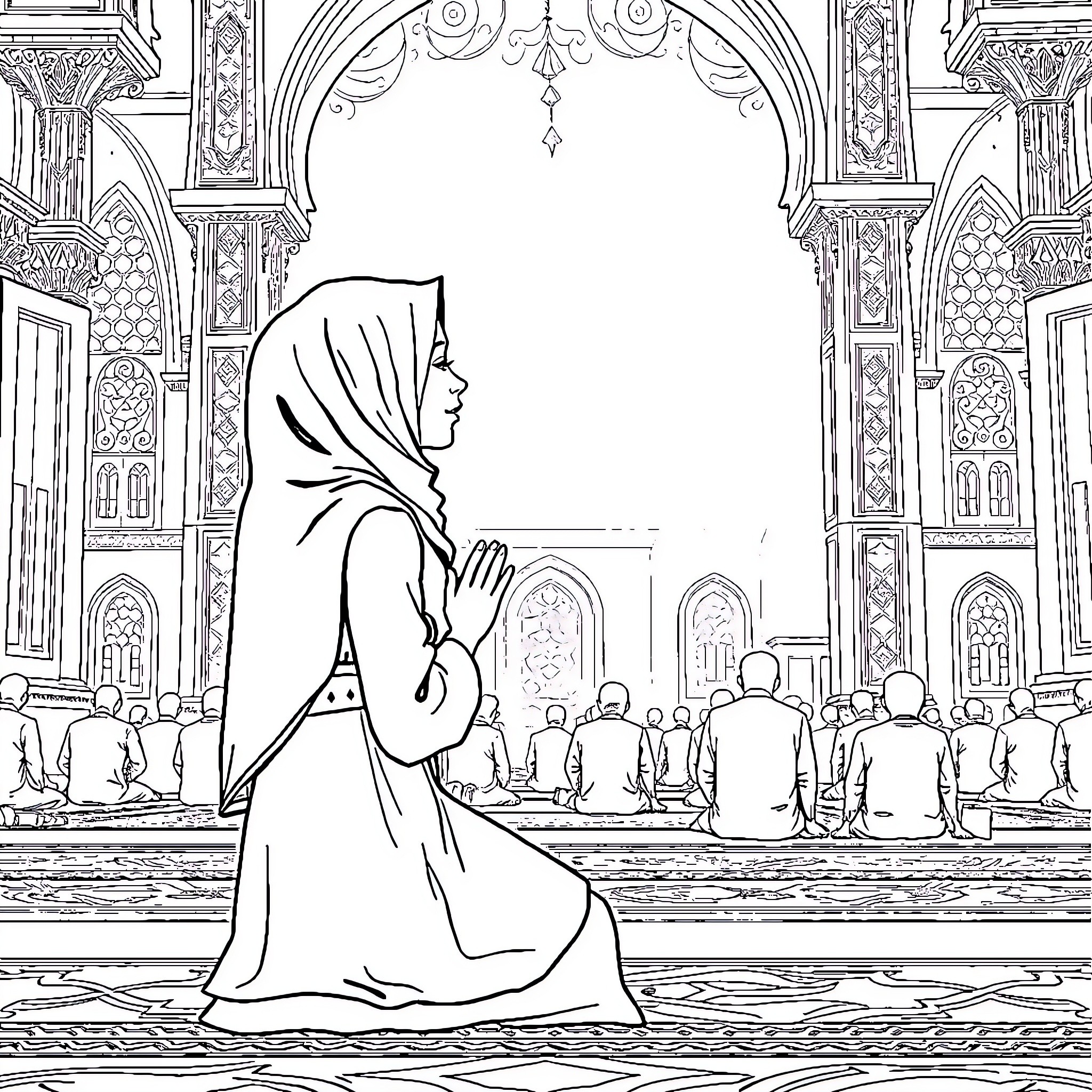 Muslim Girl Praying Quietly in Ornate Mosque Coloring Page (free black-and-white line drawing printable PDF for all, from beginners to advanced learners, including children, teens, adults, and seniors)