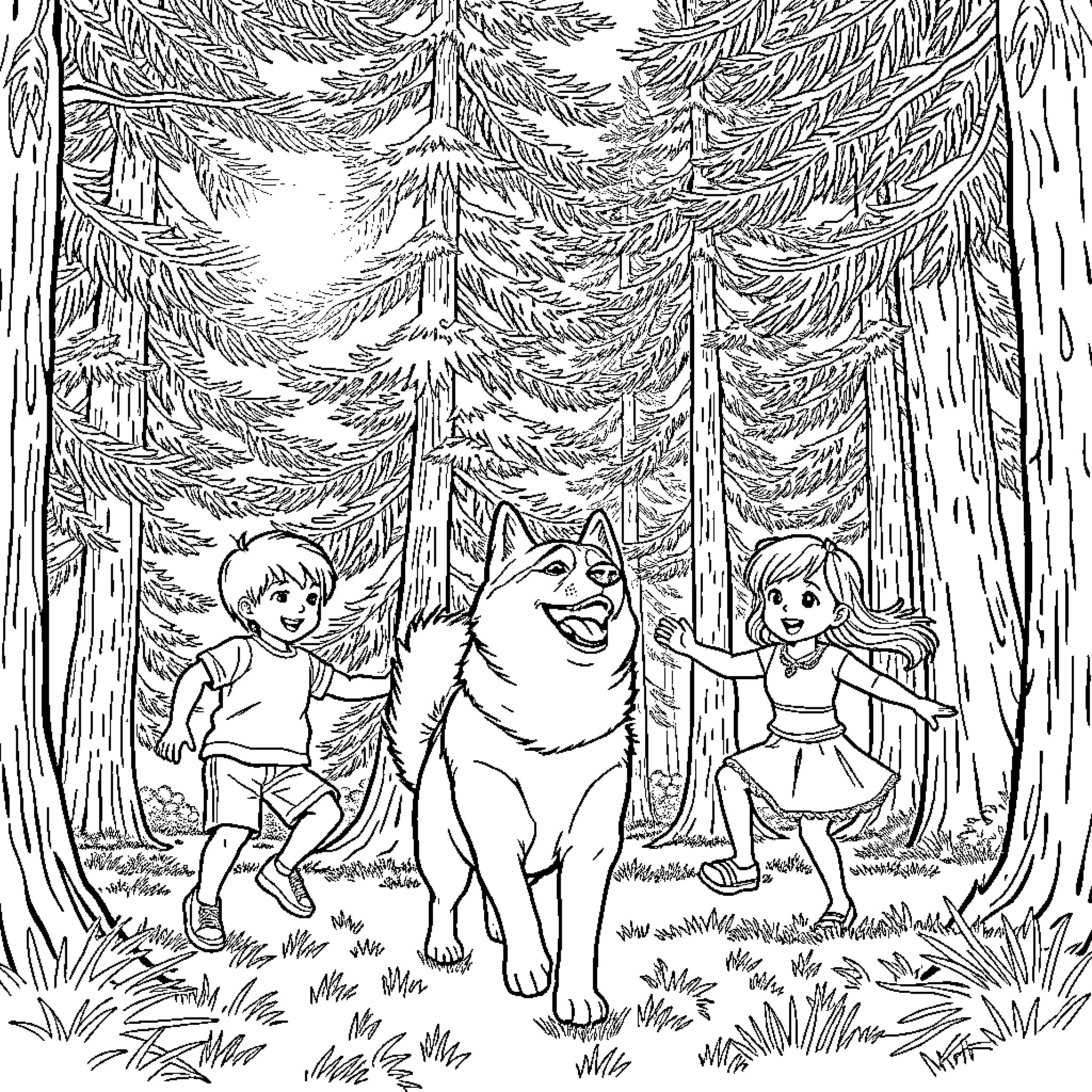 Akita and children playing together in the forest Coloring Page (free black-and-white line drawing printable PDF for all, from beginners to advanced learners, including children, teens, adults, and seniors)