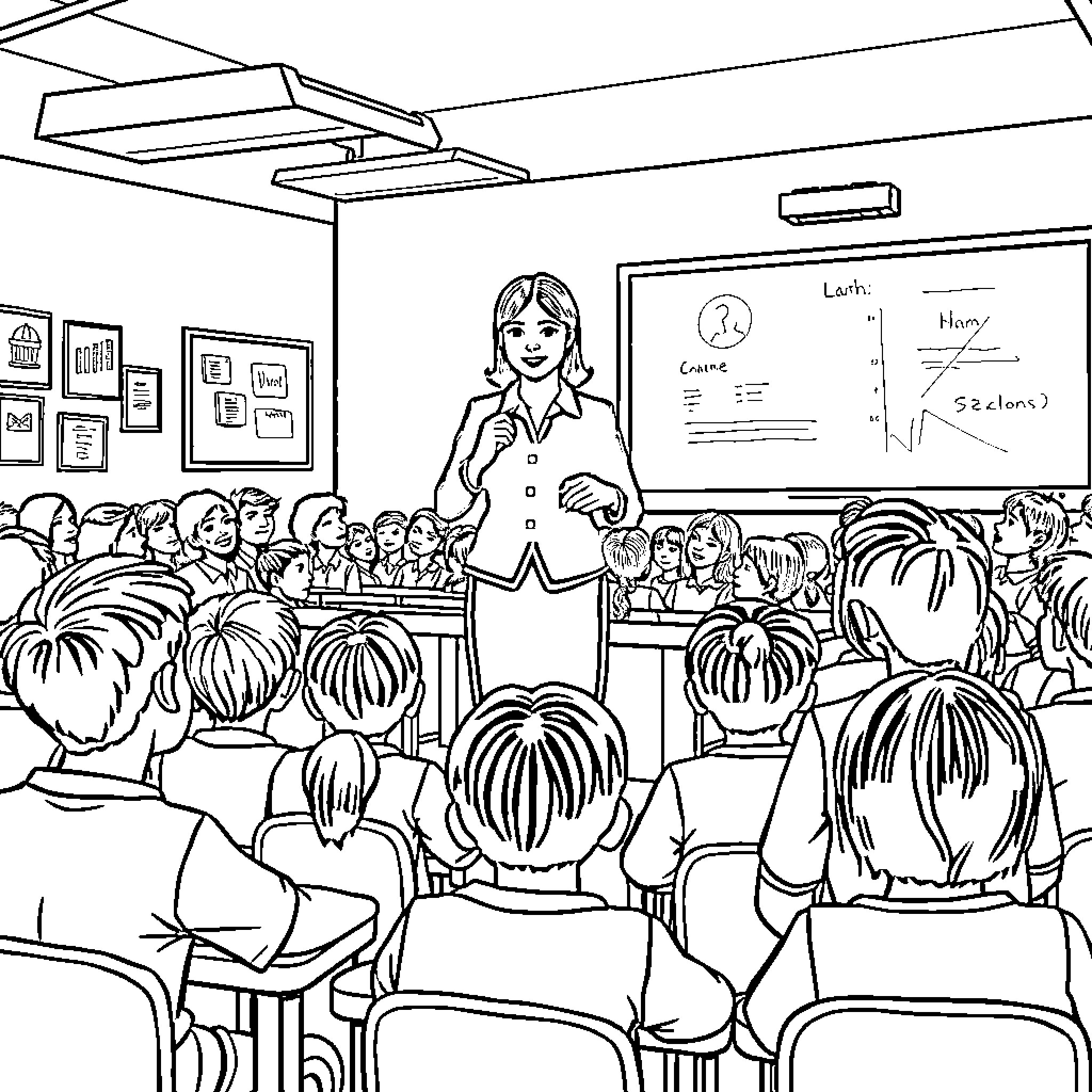 Teacher instructing students in classroom Coloring Page (free black-and-white line drawing printable PDF for all, from beginners to advanced learners, including children, teens, adults, and seniors)