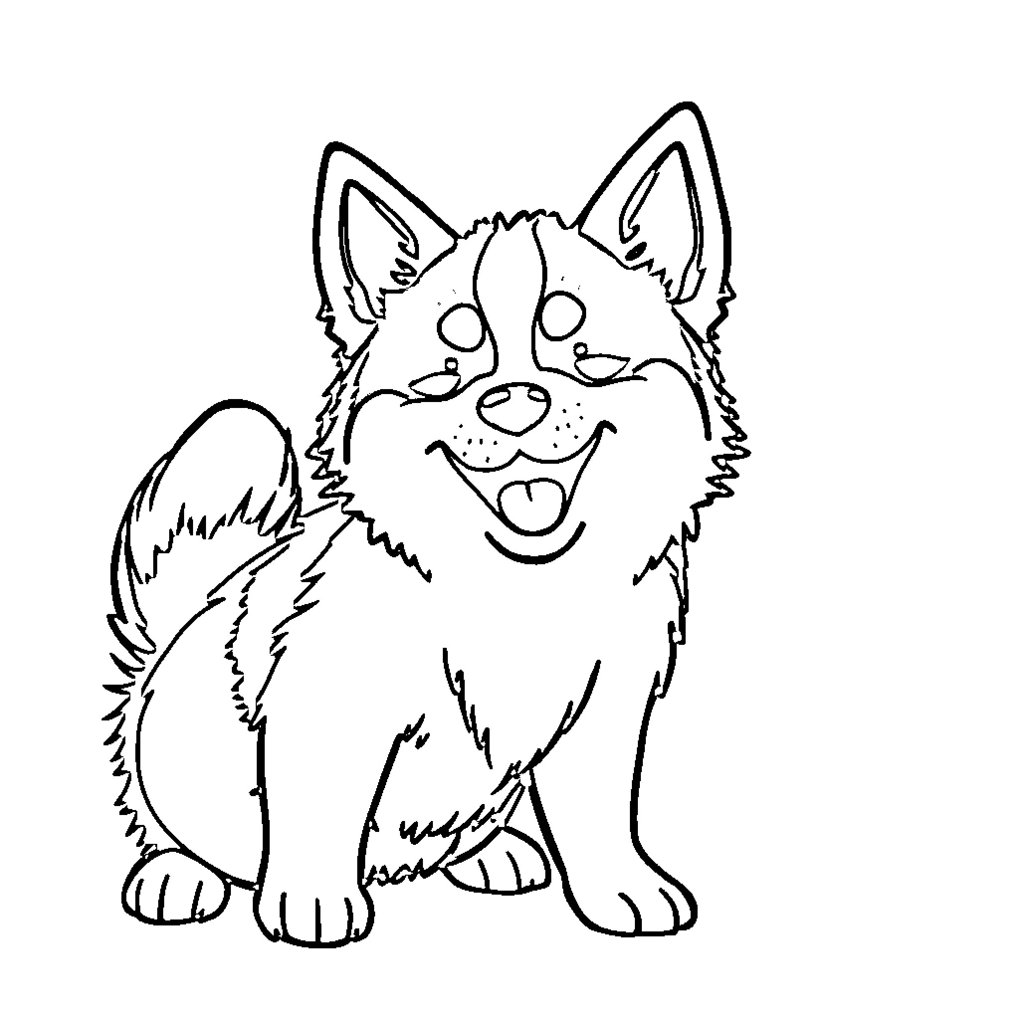 Inu excited pup with playful expression Coloring Page (free black-and-white line drawing printable PDF for all, from beginners to advanced learners, including children, teens, adults, and seniors)