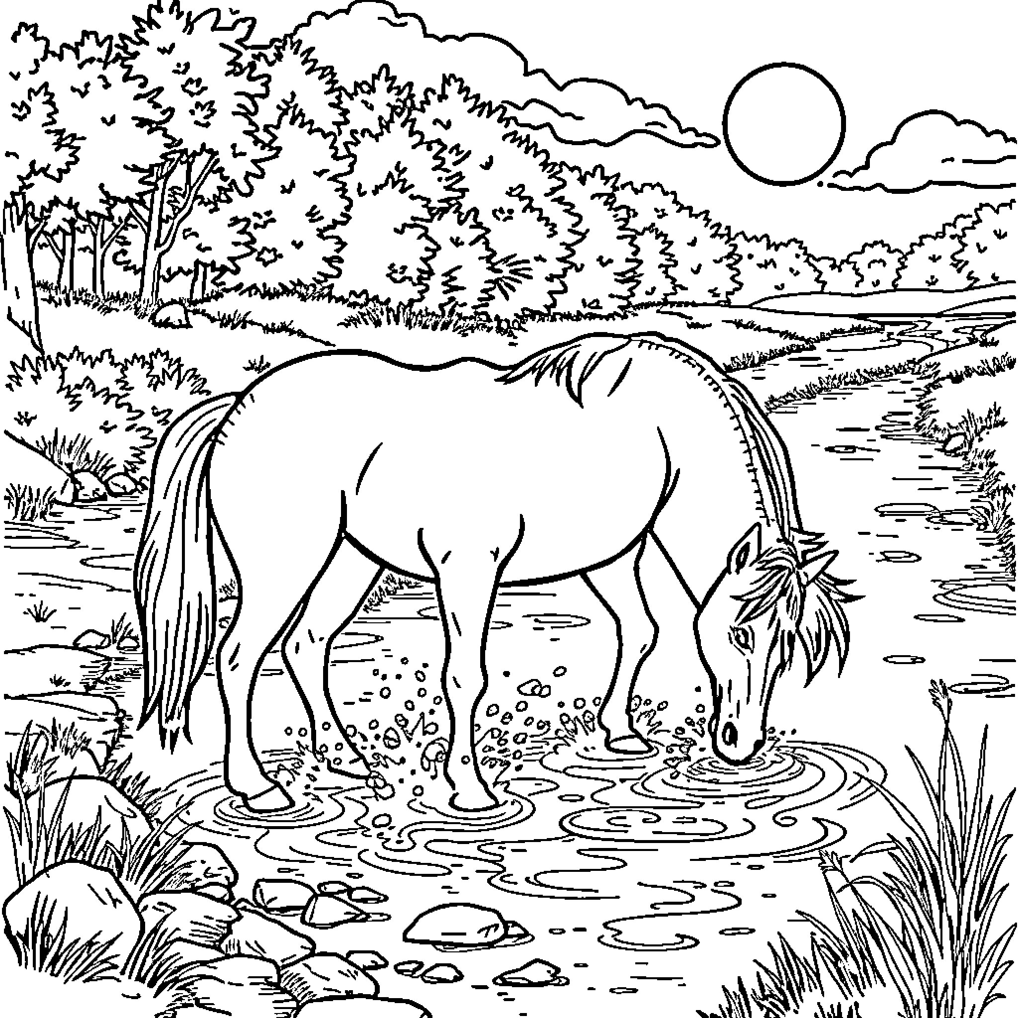 Horse standing in tranquil forest stream Coloring Page (free black-and-white line drawing printable PDF for all, from beginners to advanced learners, including children, teens, adults, and seniors)