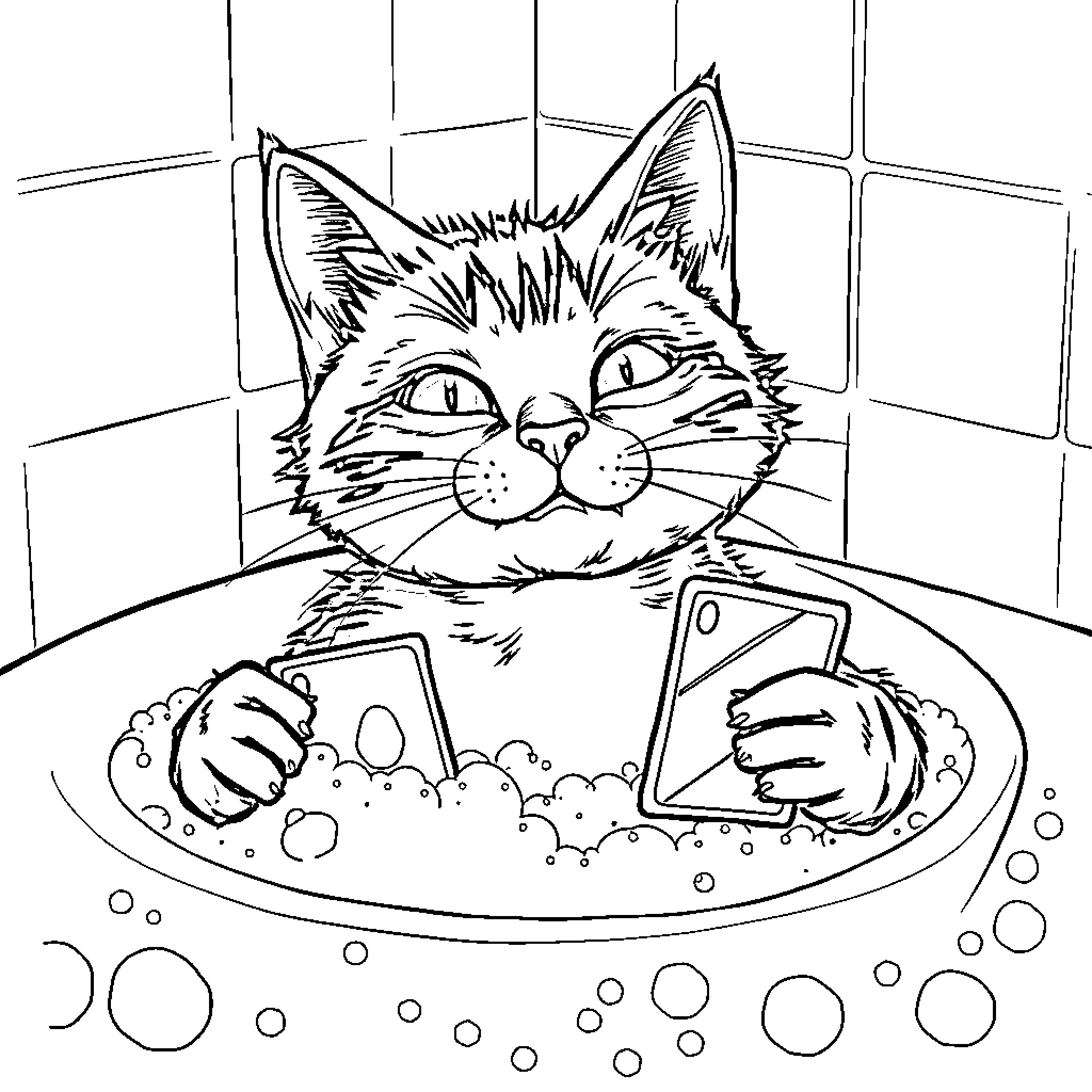 Docat enjoying a relaxing bath Coloring Page (free black-and-white line drawing printable PDF for all, from beginners to advanced learners, including children, teens, adults, and seniors)