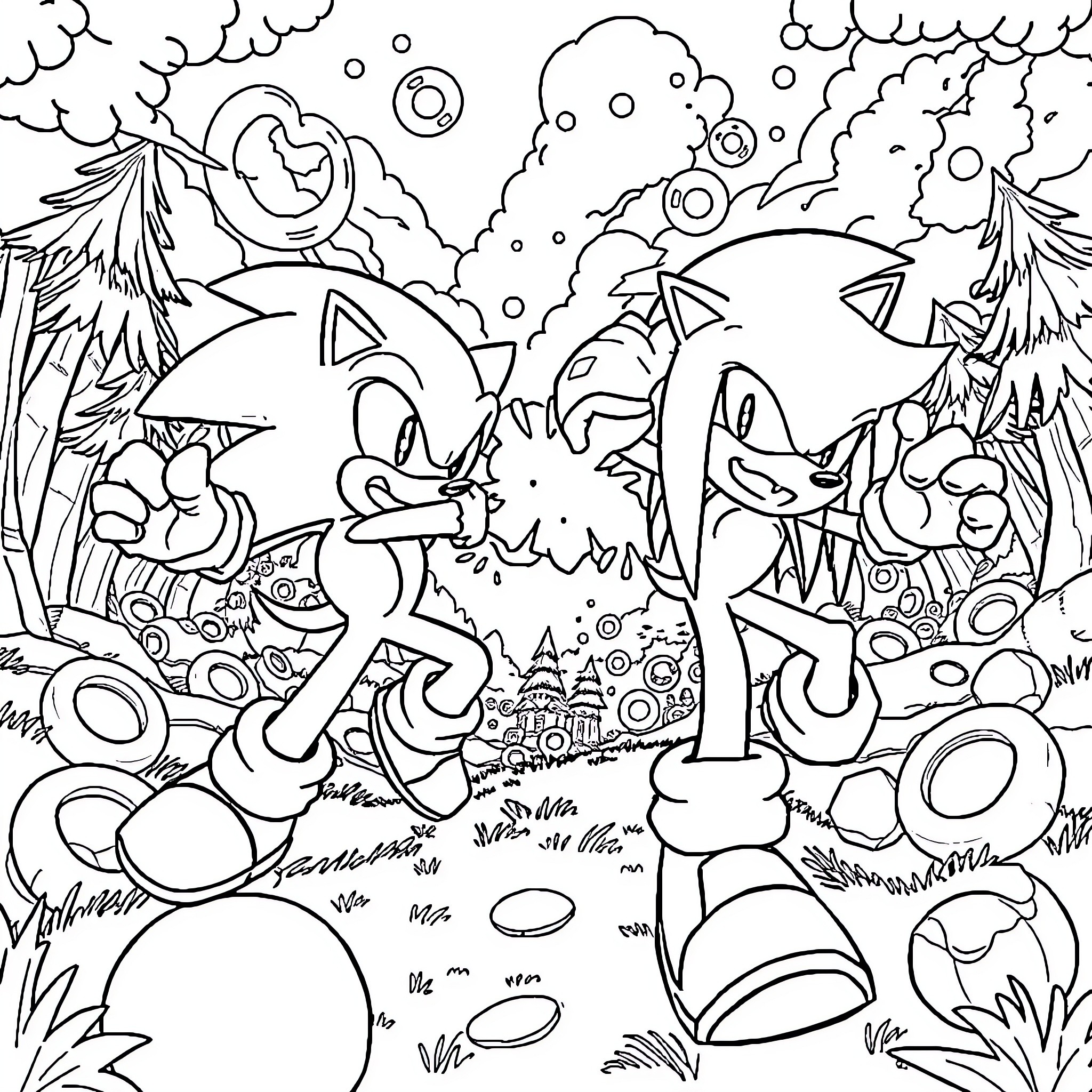 Sonic and Friends in Whimsical Adventure Coloring Page (free black-and-white line drawing printable PDF for all, from beginners to advanced learners, including children, teens, adults, and seniors)