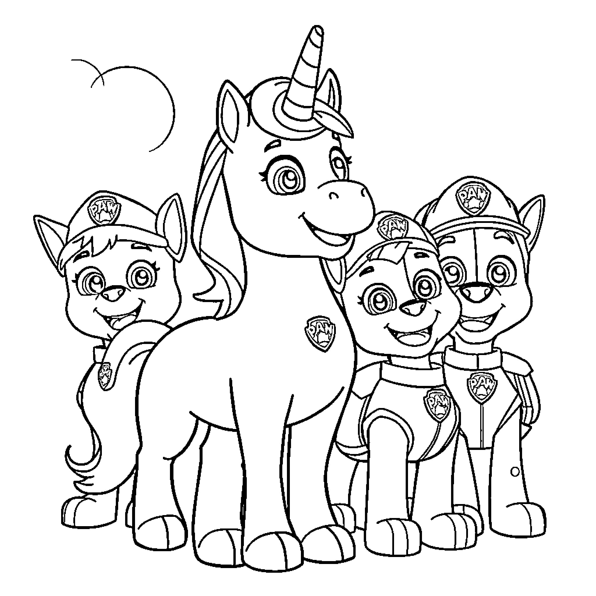 Unicorn and Paw Patrol Puppies Adventure Coloring Page (free black-and-white line drawing printable PDF for all, from beginners to advanced learners, including children, teens, adults, and seniors)