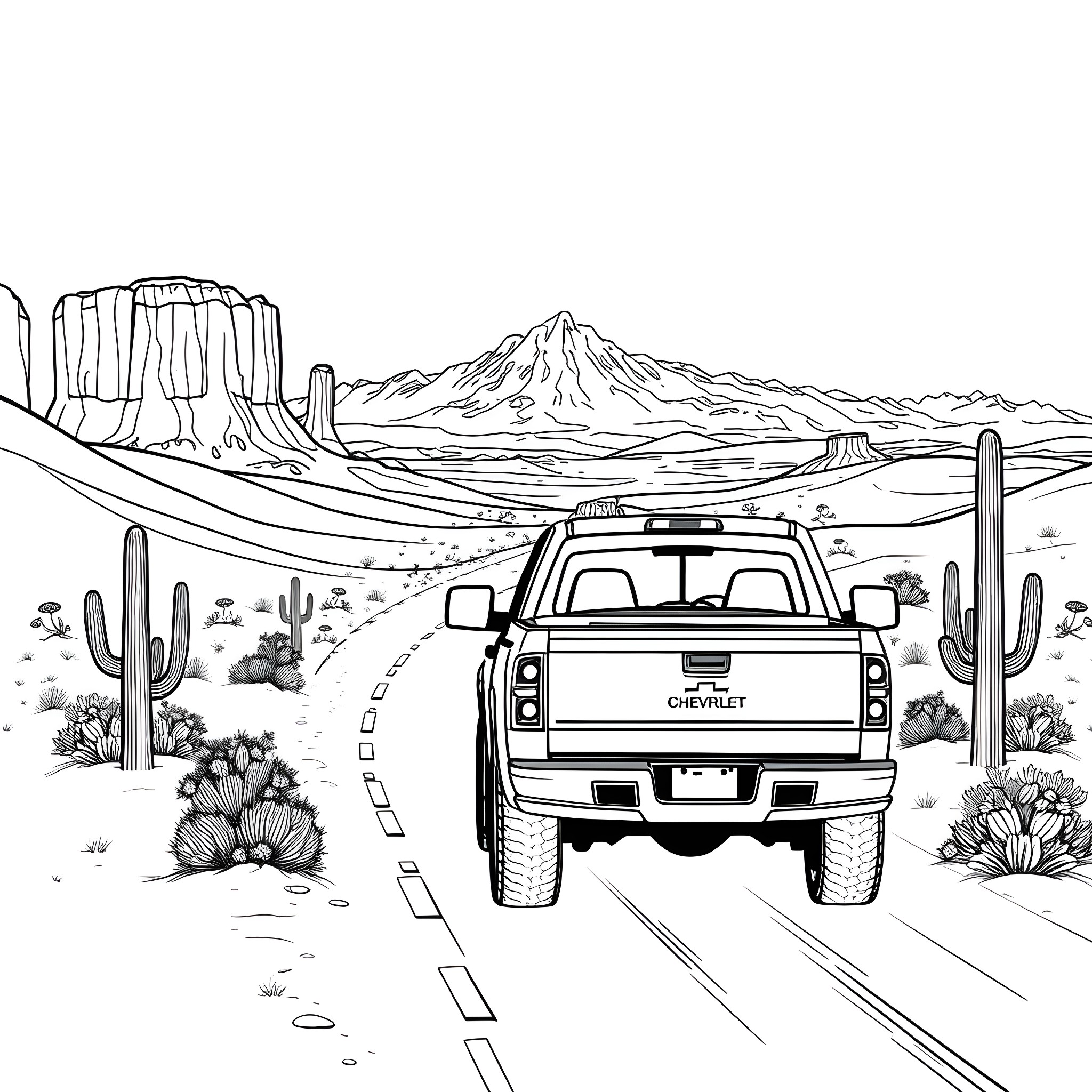 Truck driving through desert landscape Coloring Page (free black-and-white line drawing printable PDF for all, from beginners to advanced learners, including children, teens, adults, and seniors)