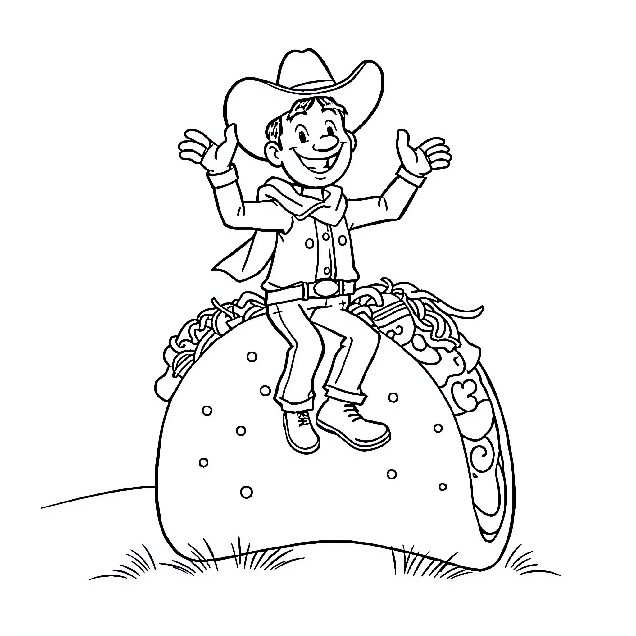 Cowboy jumping with joy on a large flower Coloring Page (free black-and-white line drawing printable PDF for all, from beginners to advanced learners, including children, teens, adults, and seniors)