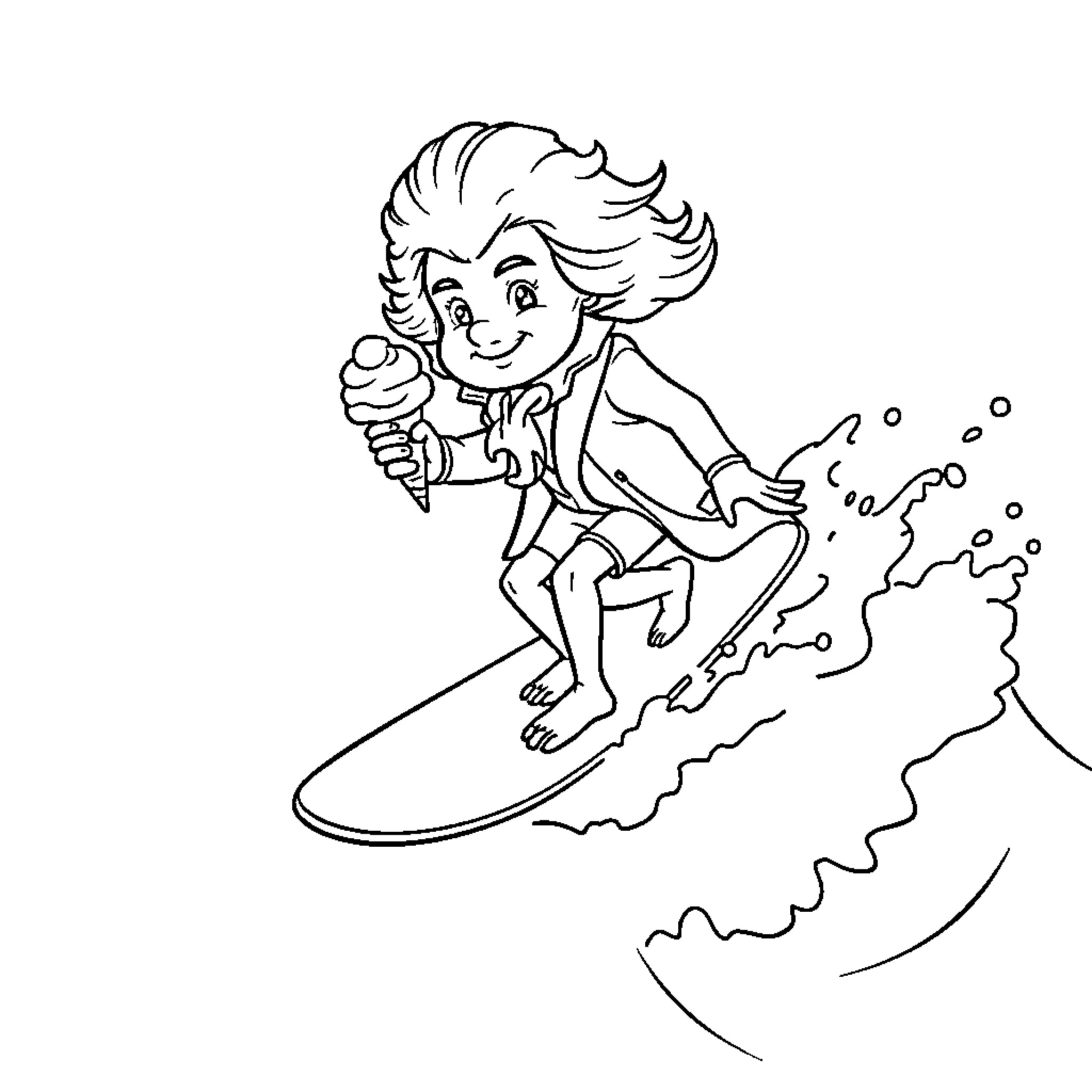 Beethoven surfing playfully in the waves Coloring Page (free black-and-white line drawing printable PDF for all, from beginners to advanced learners, including children, teens, adults, and seniors)
