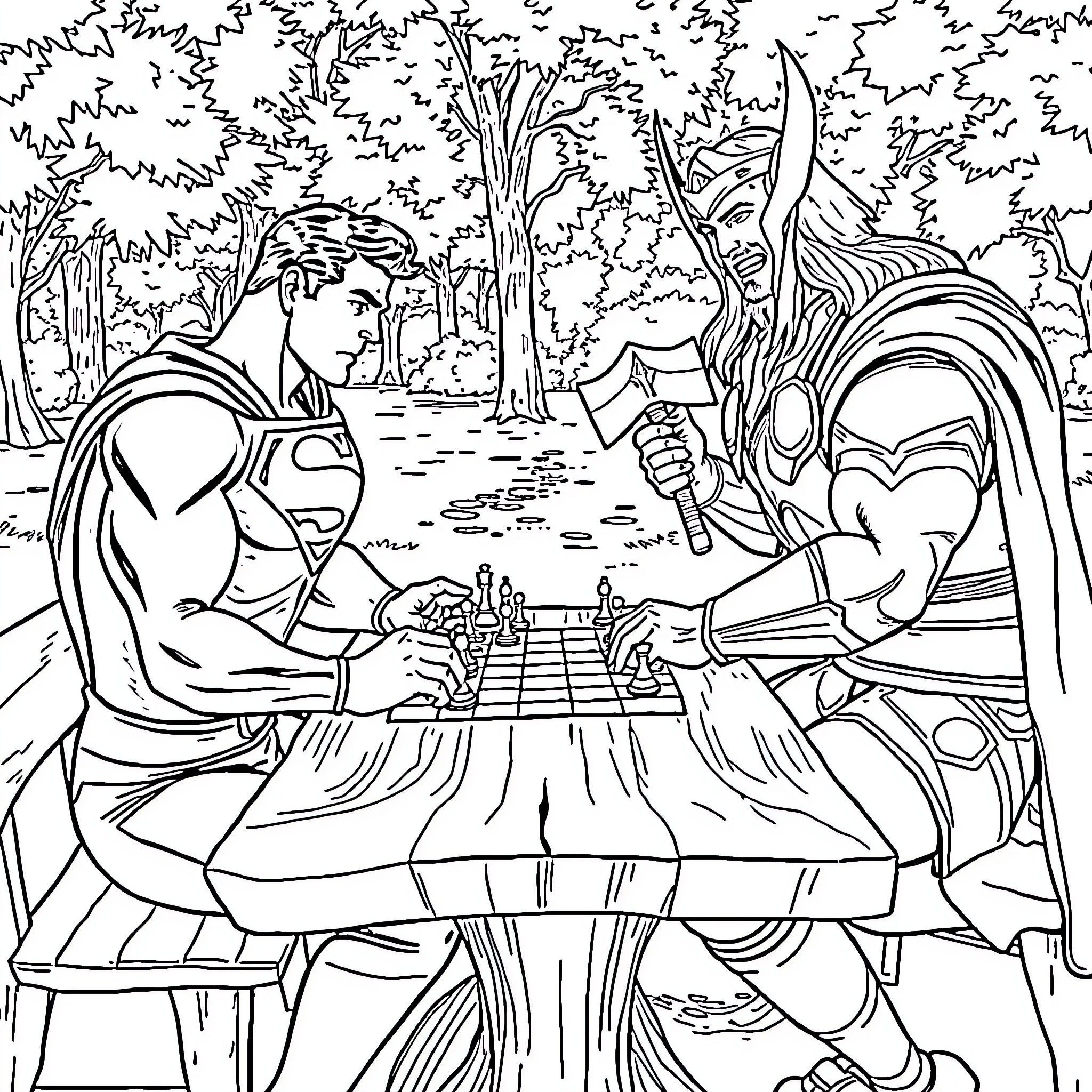 Superman and Thor playing chess in the forest Coloring Page (free black-and-white line drawing printable PDF for all, from beginners to advanced learners, including children, teens, adults, and seniors)