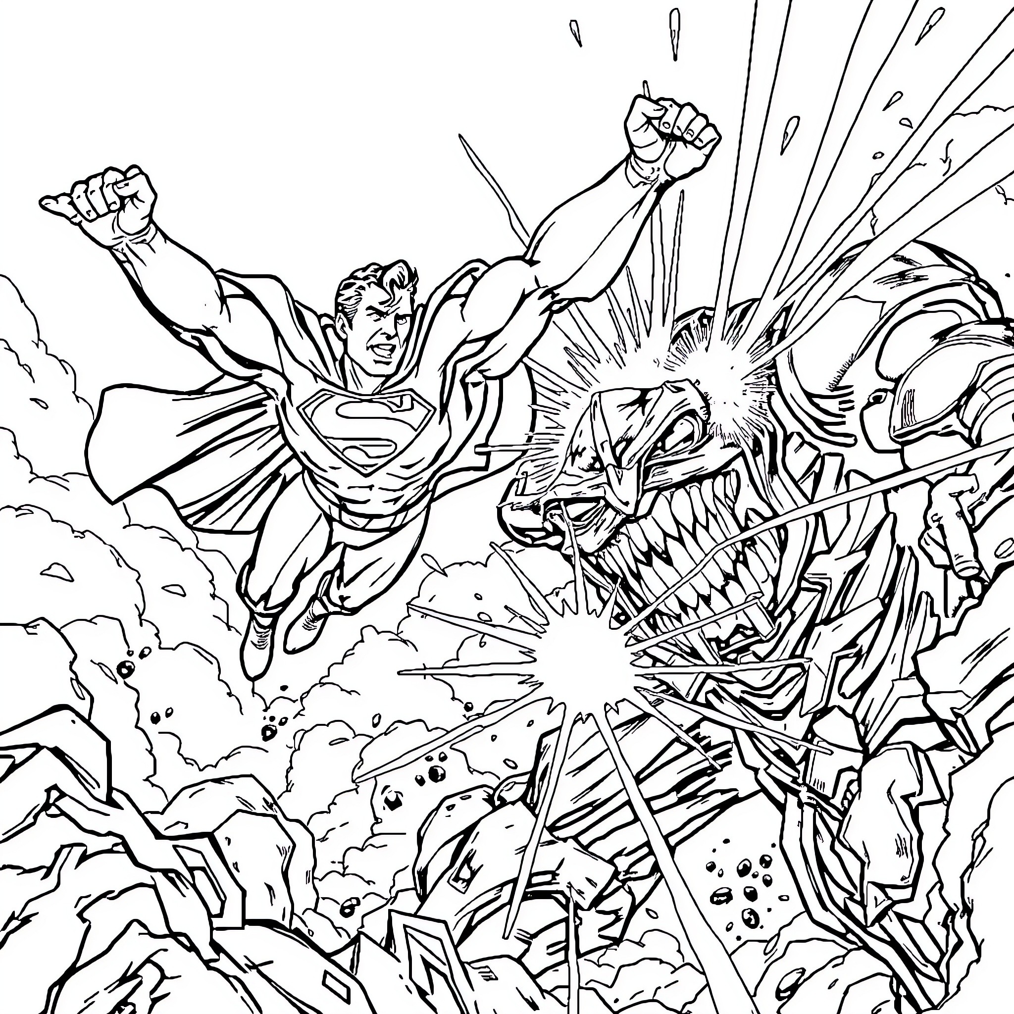 Superman battling a fierce monster in action-packed scene Coloring Page (free black-and-white line drawing printable PDF for all, from beginners to advanced learners, including children, teens, adults, and seniors)