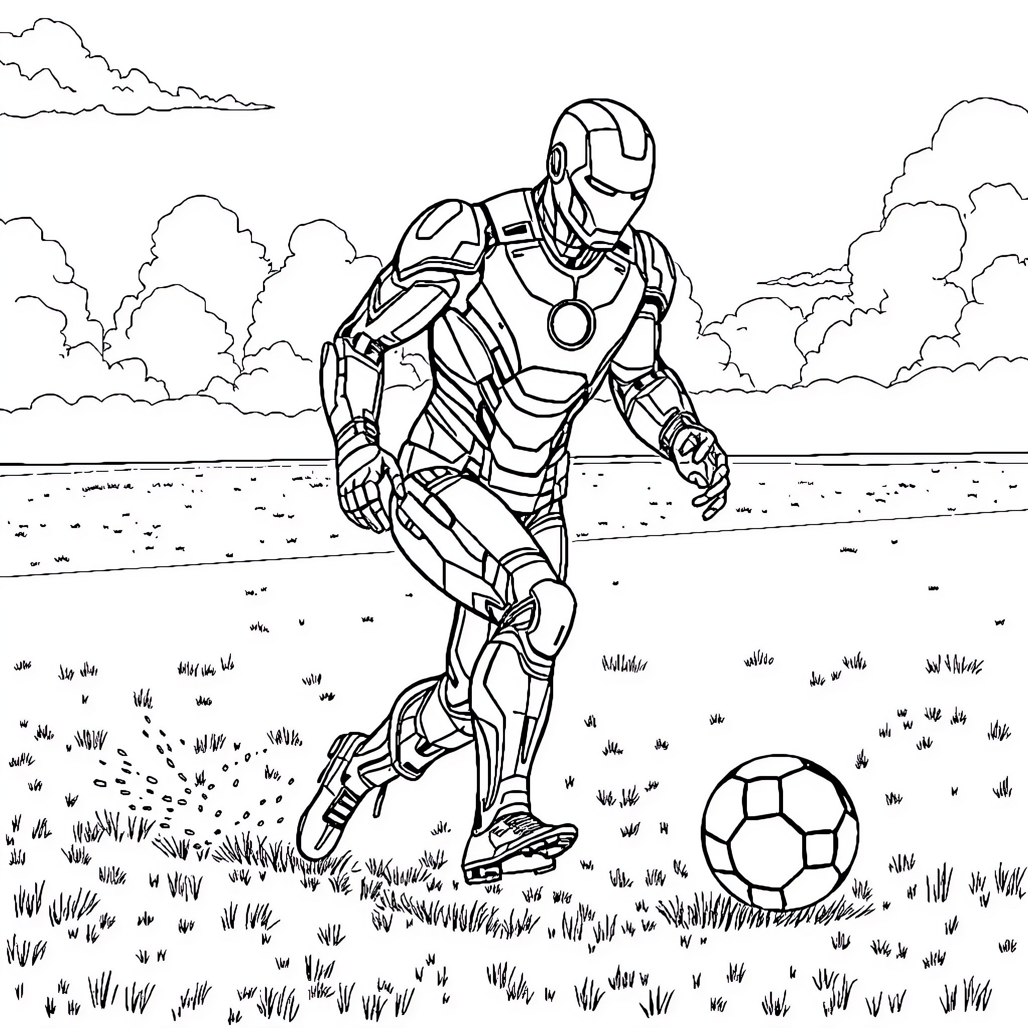 Ironman playing soccer in a grassy field Coloring Page (free black-and-white line drawing printable PDF for all, from beginners to advanced learners, including children, teens, adults, and seniors)