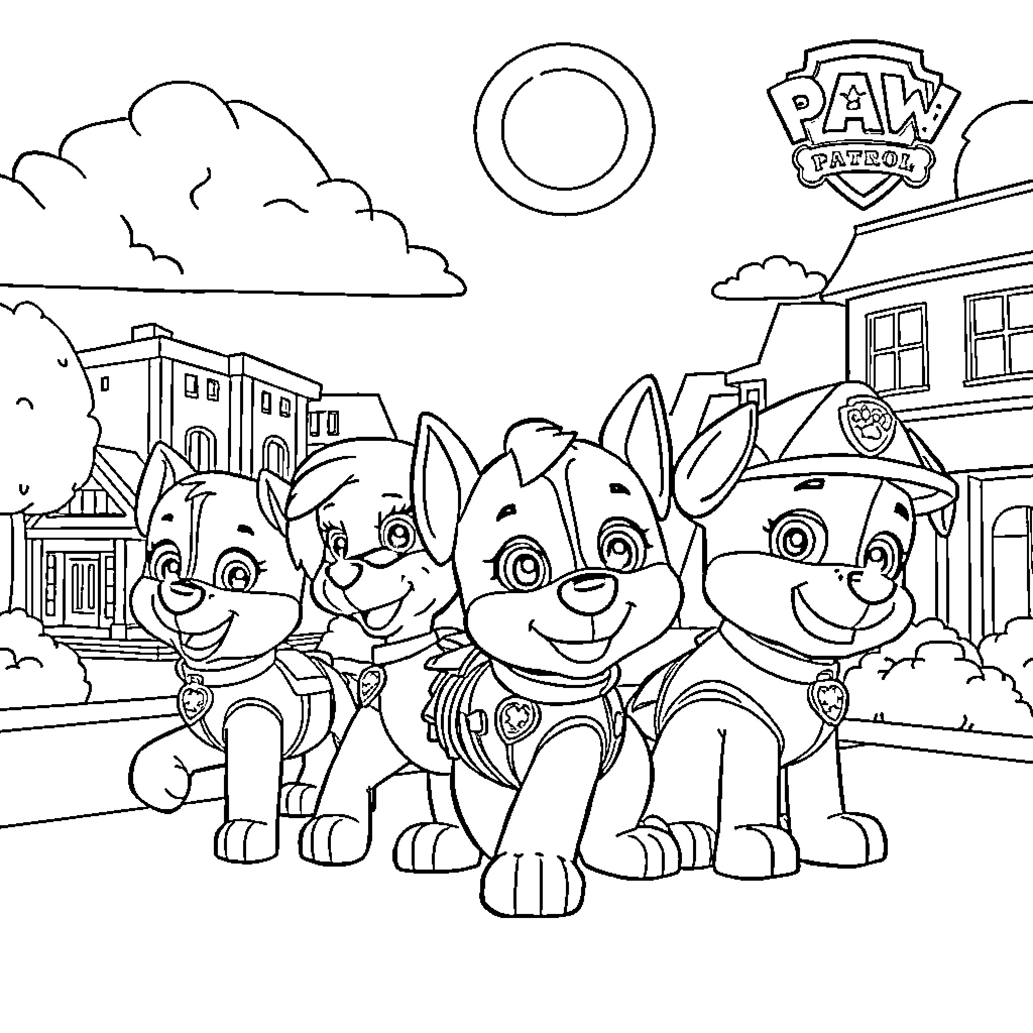 Paw Patrol characters gathered in a town setting Coloring Page (free black-and-white line drawing printable PDF for all, from beginners to advanced learners, including children, teens, adults, and seniors)