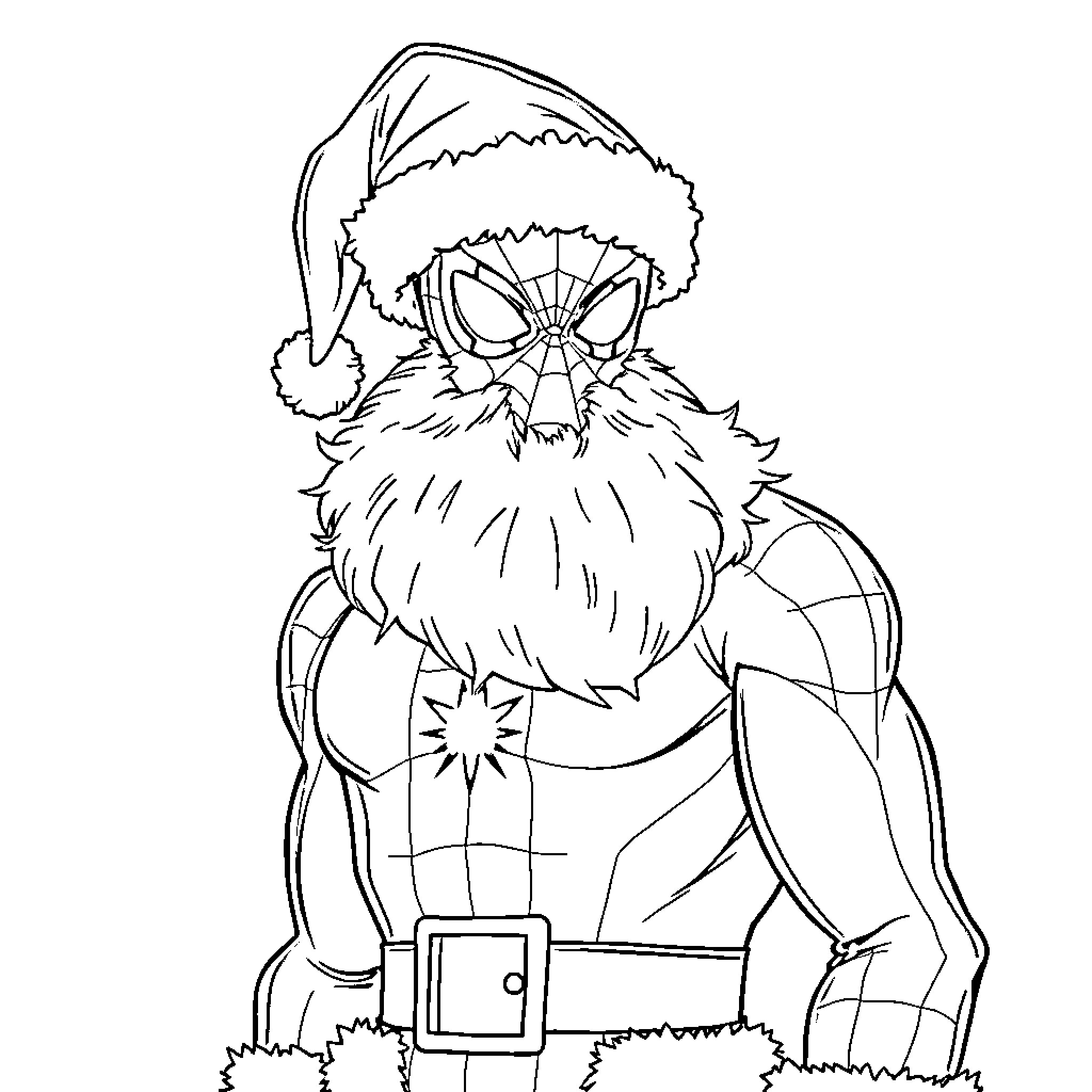 Spiderman in a Santa costume posing Coloring Page (free black-and-white line drawing printable PDF for all, from beginners to advanced learners, including children, teens, adults, and seniors)