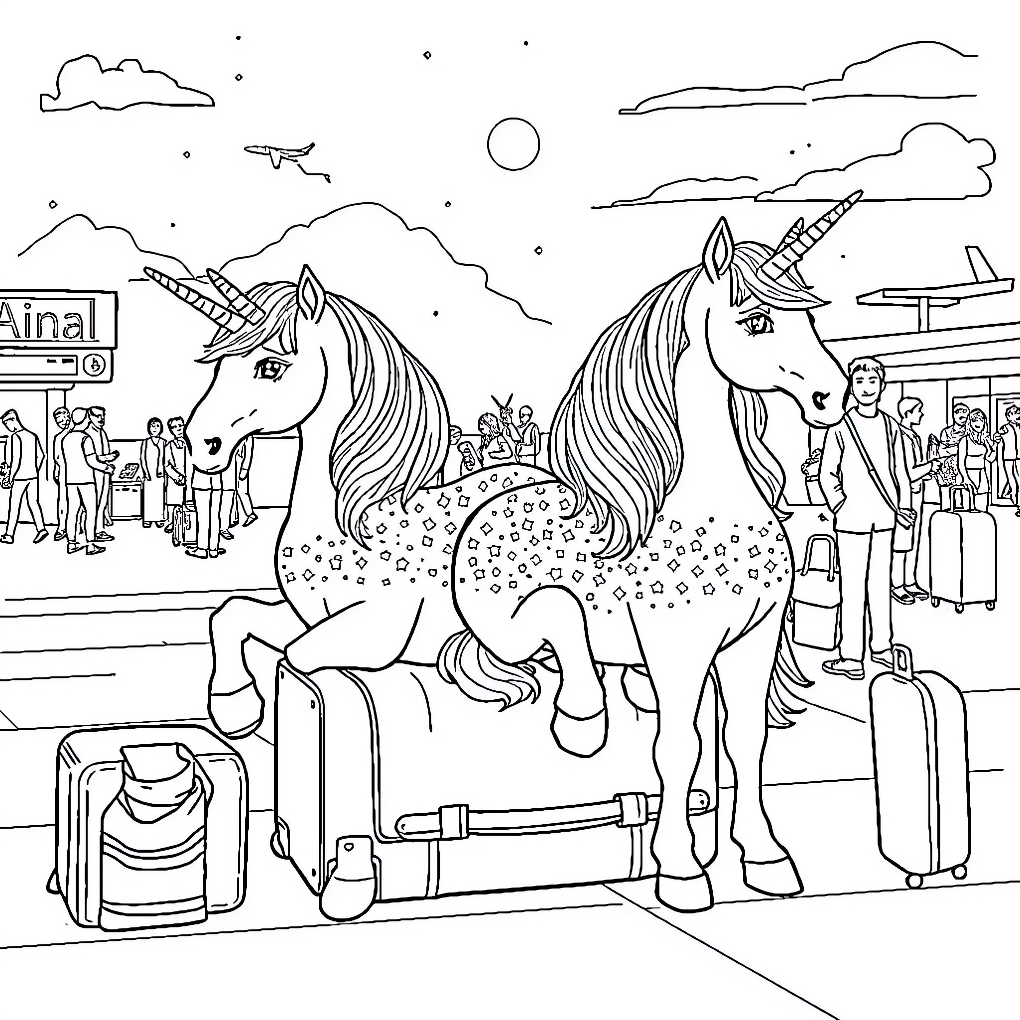 Unicorns traveling through a bustling airport Coloring Page (free black-and-white line drawing printable PDF for all, from beginners to advanced learners, including children, teens, adults, and seniors)