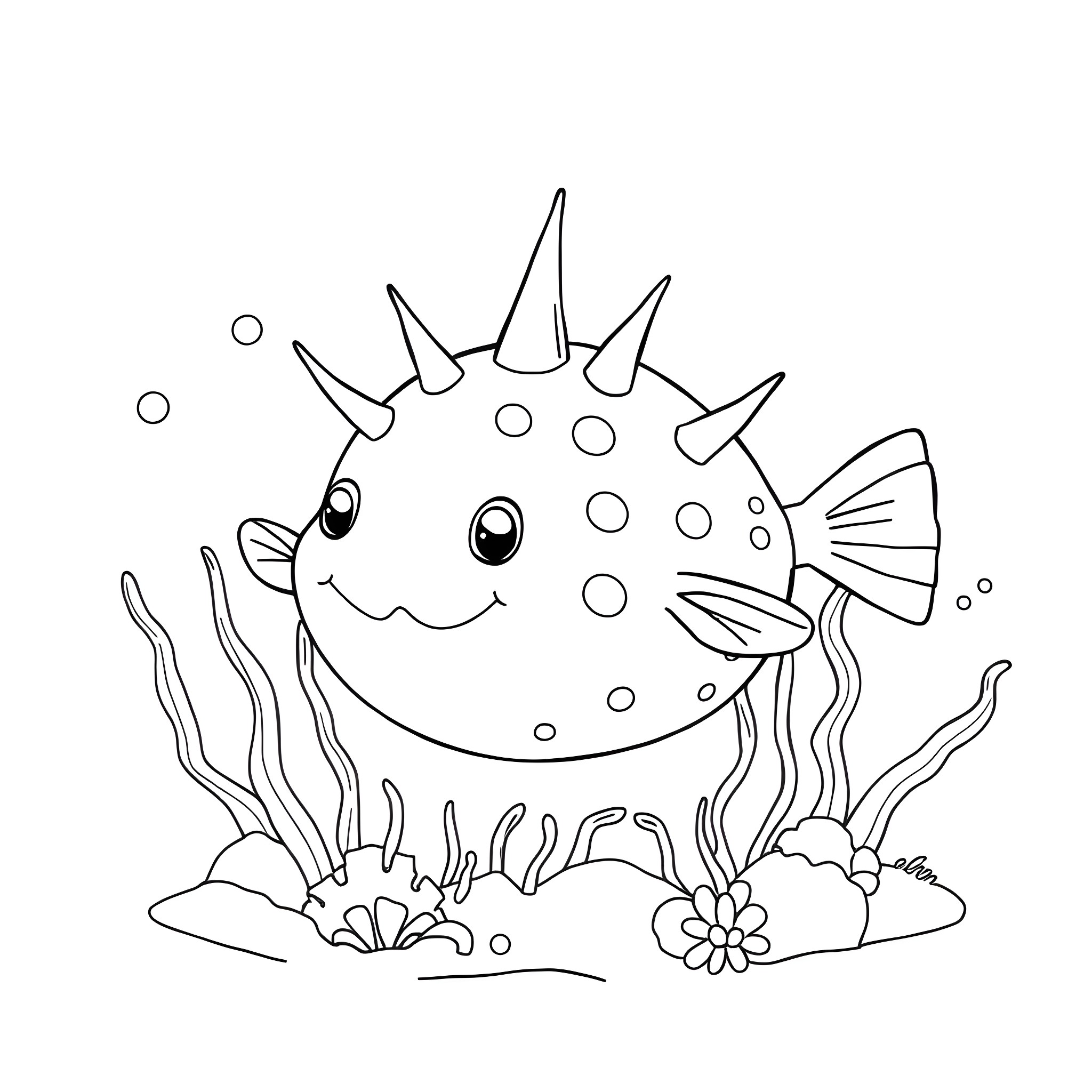 Pufferfish swimming happily among underwater plants Coloring Page (free black-and-white line drawing printable PDF for all, from beginners to advanced learners, including children, teens, adults, and seniors)
