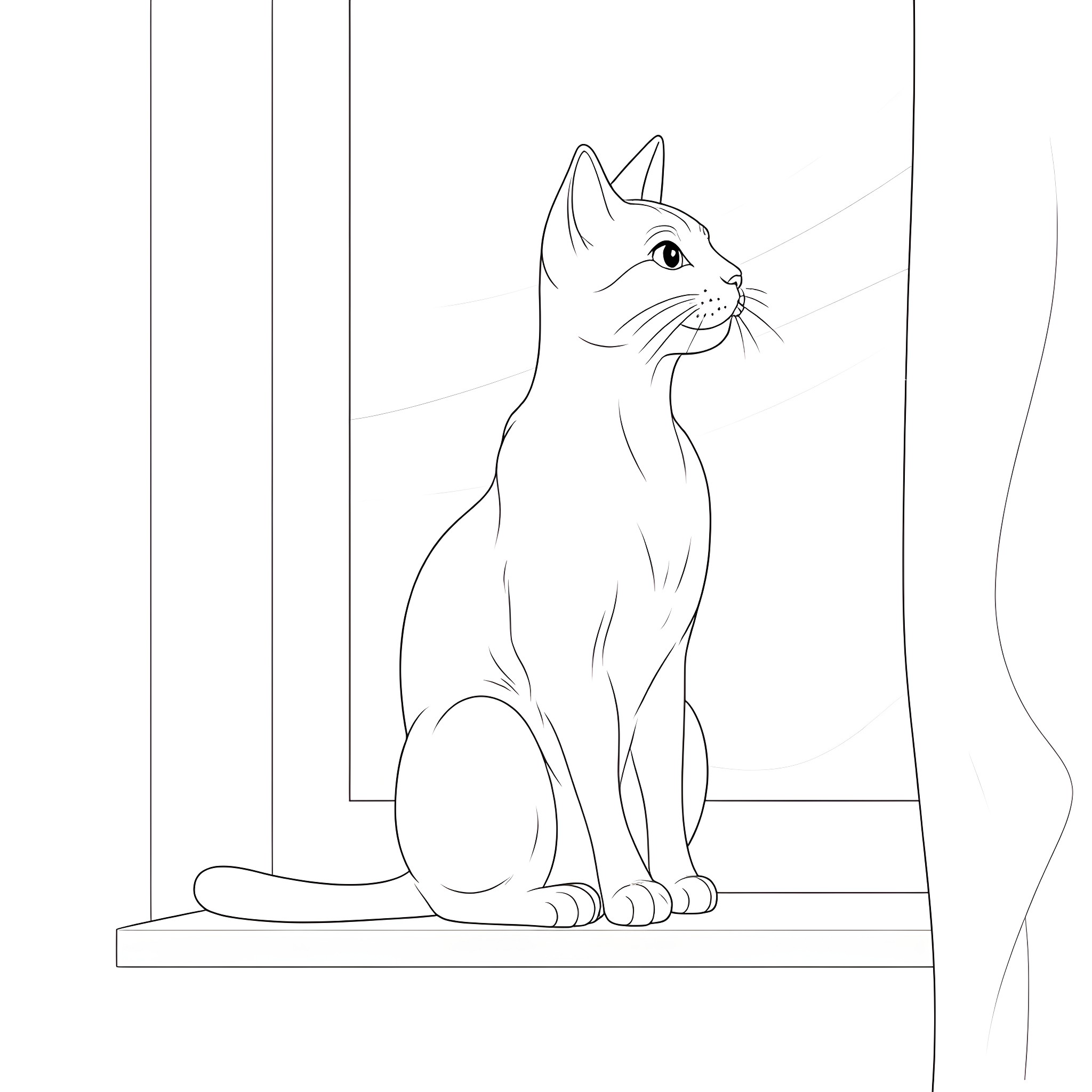 Cat sitting on windowsill Coloring Page (free black-and-white line drawing printable PDF for all, from beginners to advanced learners, including children, teens, adults, and seniors)