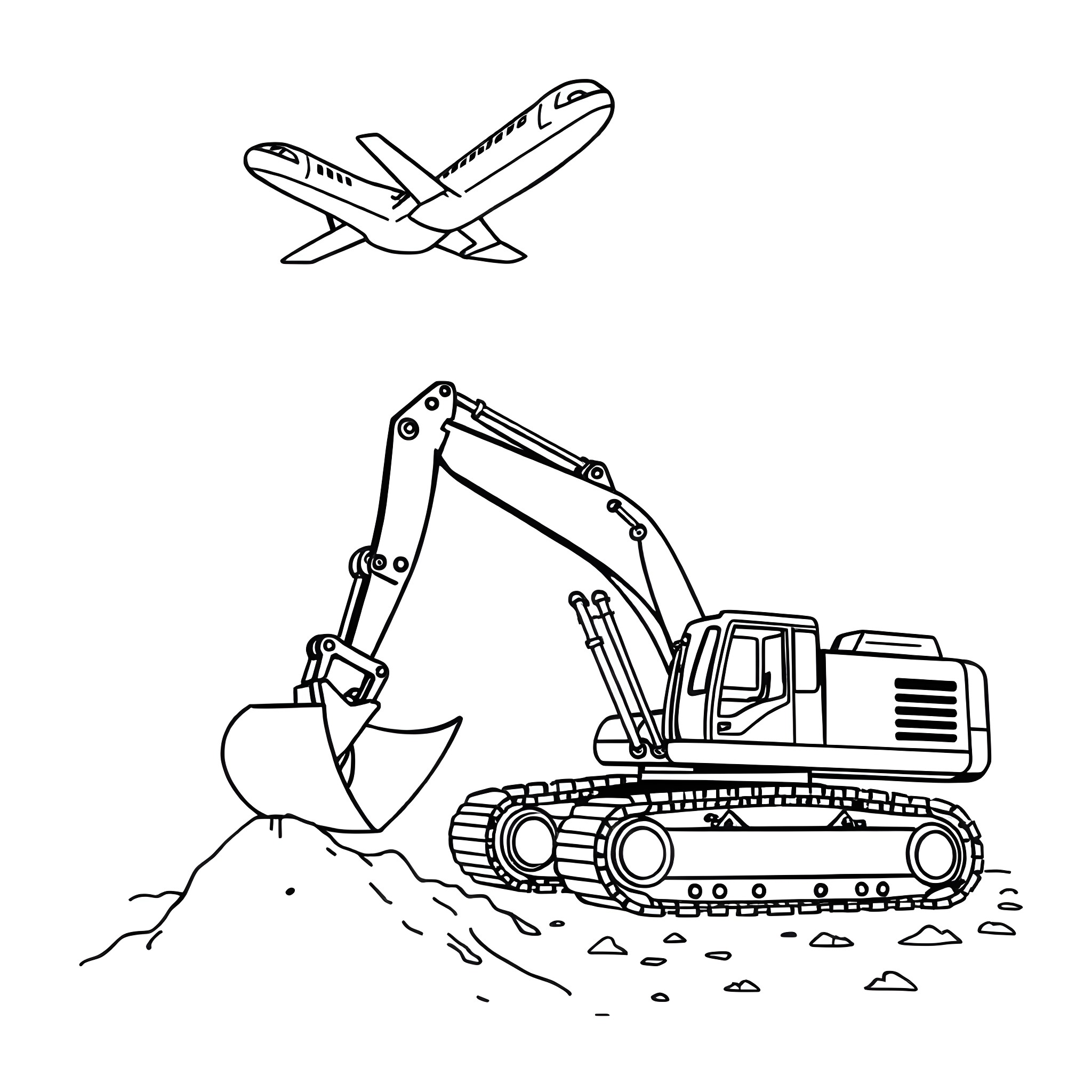 Airplane taking off and excavator working on construction site Coloring Page (free black-and-white line drawing printable PDF for all, from beginners to advanced learners, including children, teens, adults, and seniors)