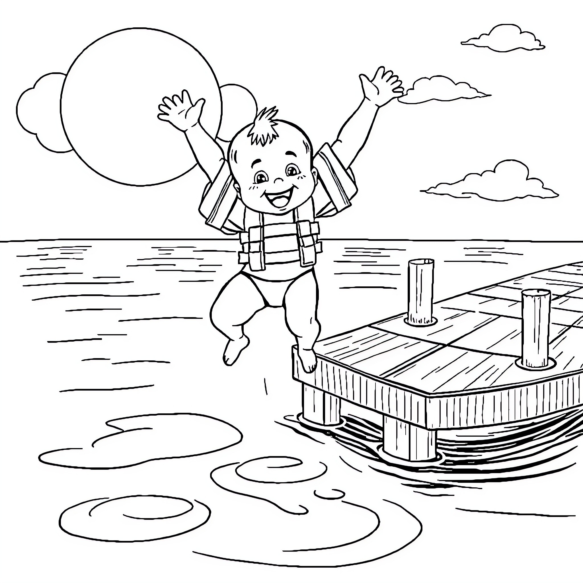 Infant jumping joyfully on a wooden dock Coloring Page (free black-and-white line drawing printable PDF for all, from beginners to advanced learners, including children, teens, adults, and seniors)