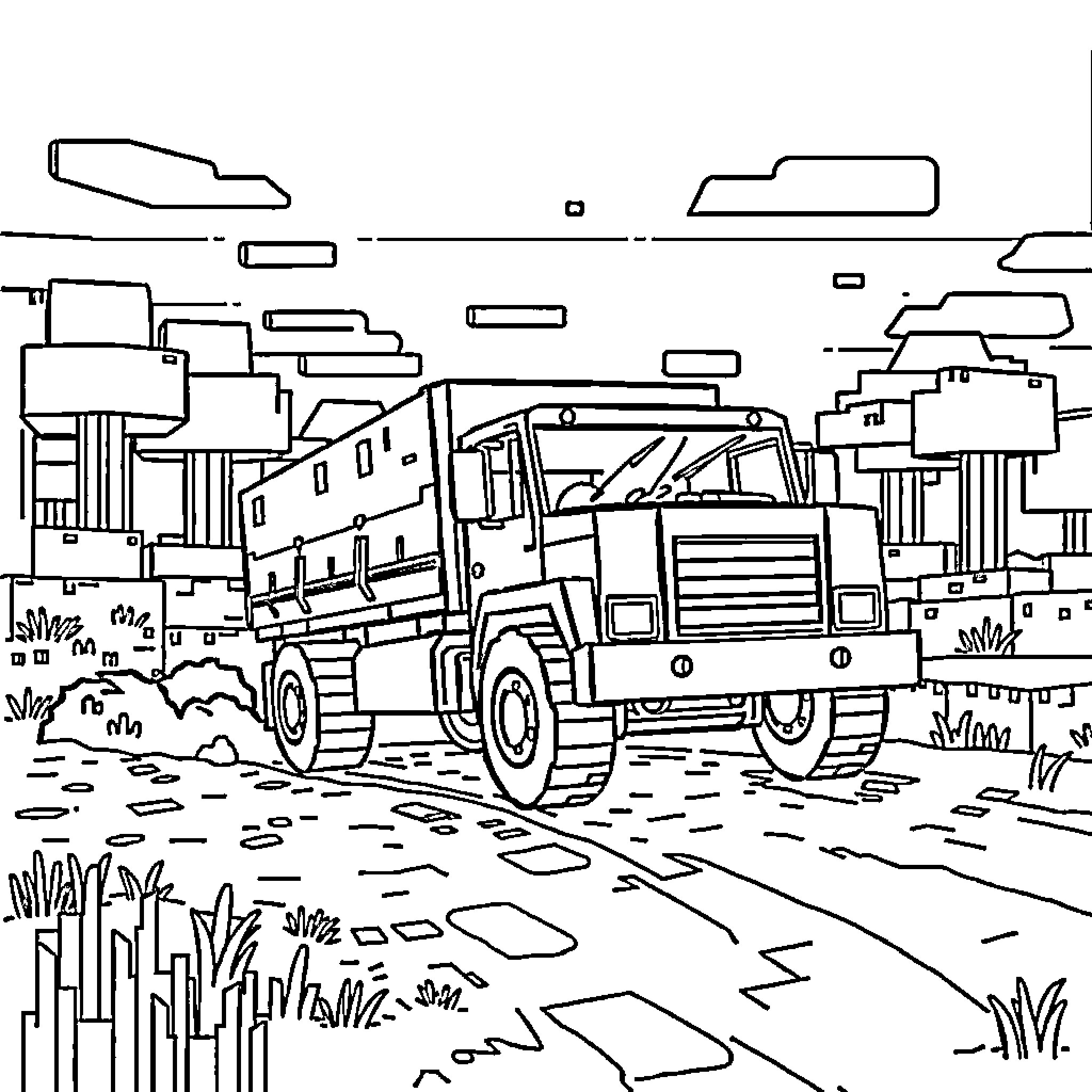 Truck Transporting Heavy Equipment on Muddy Road Coloring Page (free black-and-white line drawing printable PDF for all, from beginners to advanced learners, including children, teens, adults, and seniors)