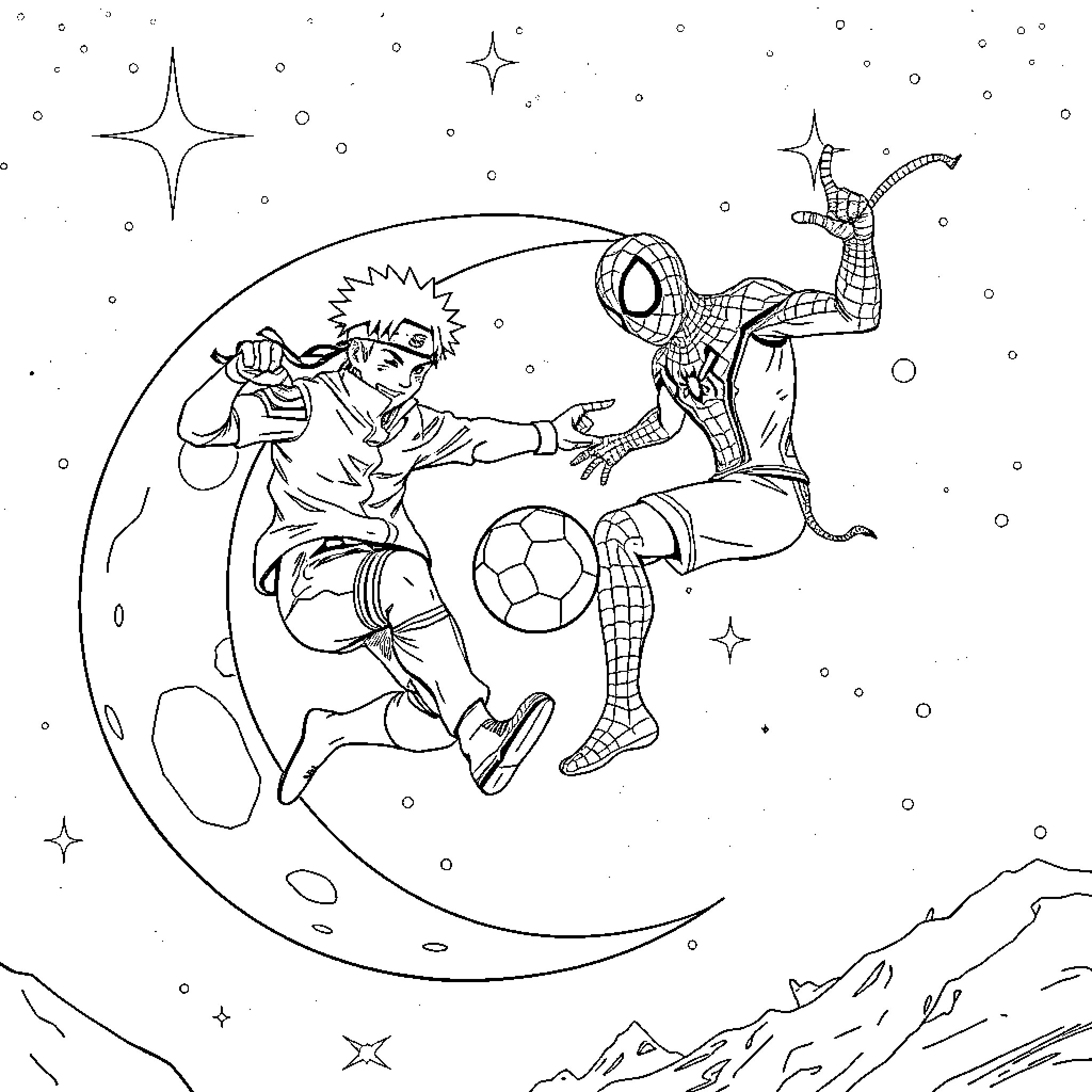 Naruto and Spiderman play soccer on the moon Coloring Page (free black-and-white line drawing printable PDF for all, from beginners to advanced learners, including children, teens, adults, and seniors)