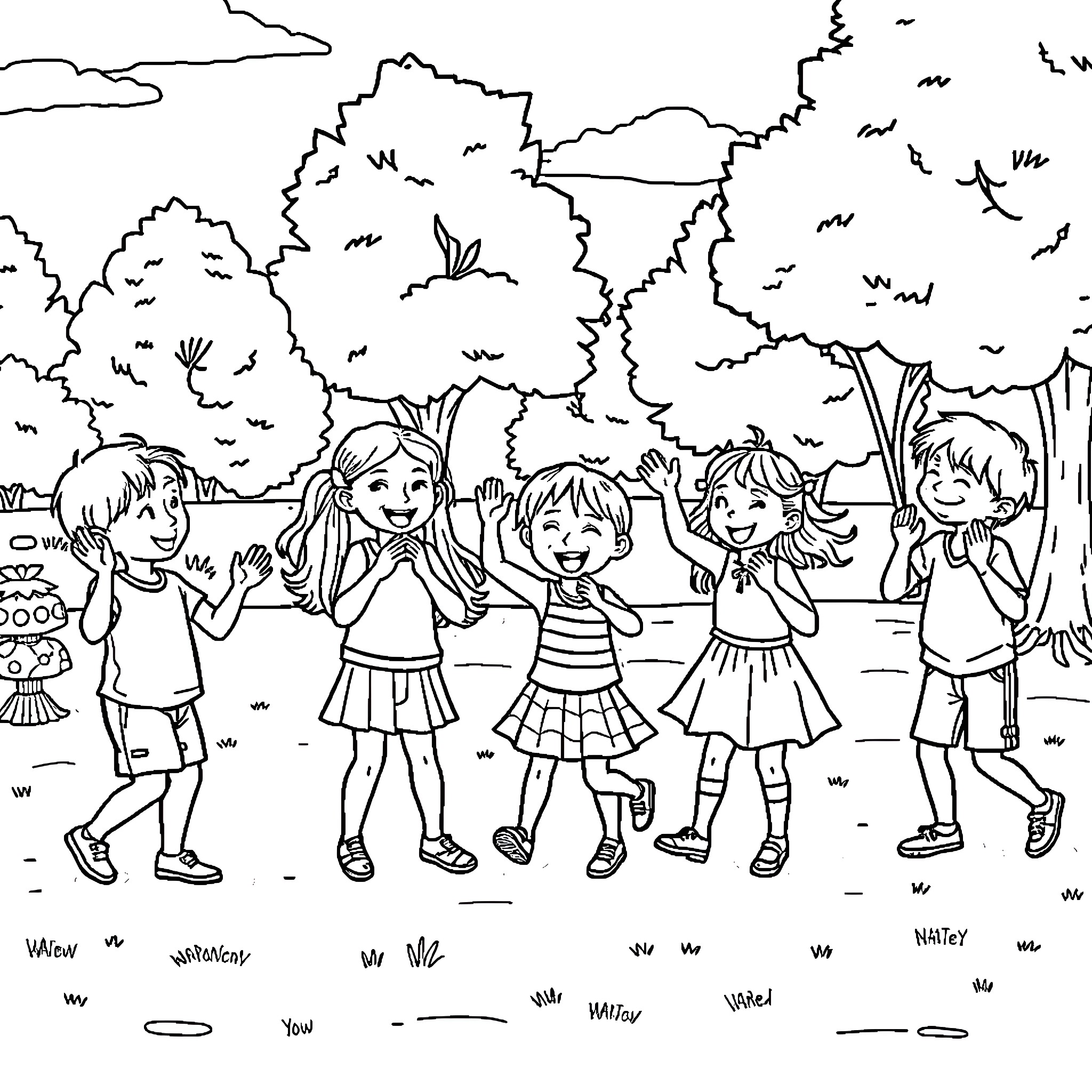 Kids having fun playing in the park Coloring Page (free black-and-white line drawing printable PDF for all, from beginners to advanced learners, including children, teens, adults, and seniors)