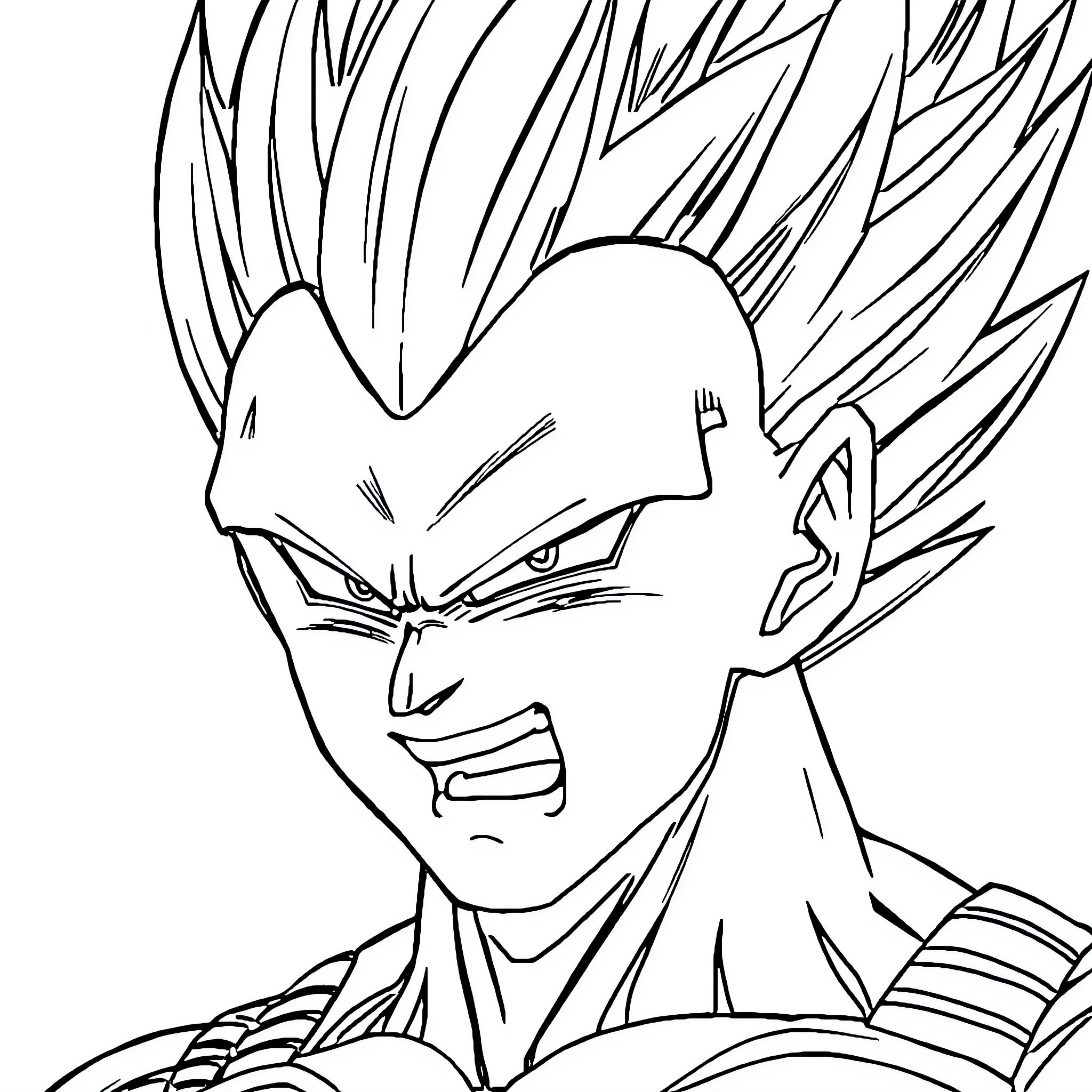 Majin Vegeta in fierce battle mode Coloring Page (free black-and-white line drawing printable PDF for all, from beginners to advanced learners, including children, teens, adults, and seniors)