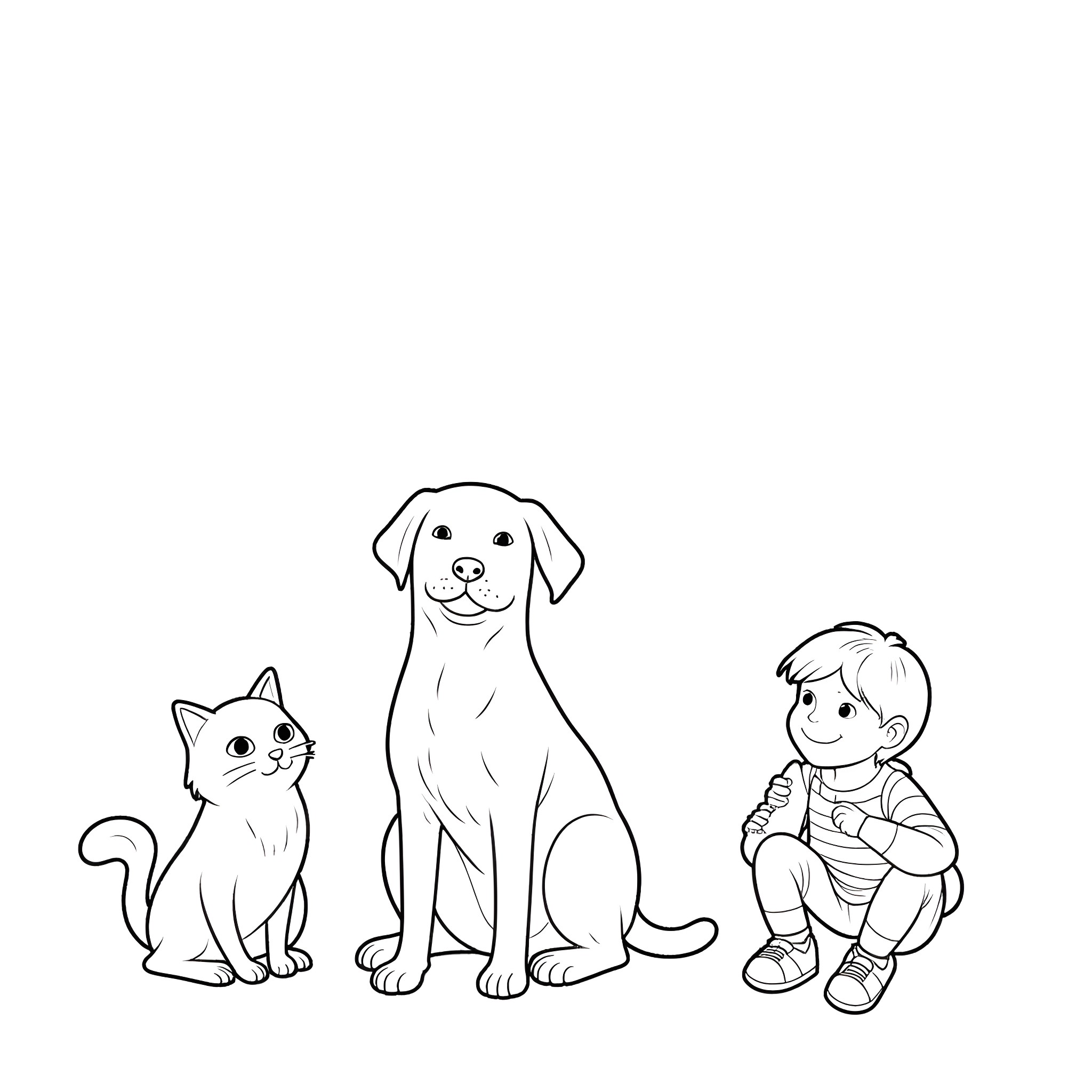 Cat, dog, and child playing together Coloring Page (free black-and-white line drawing printable PDF for all, from beginners to advanced learners, including children, teens, adults, and seniors)