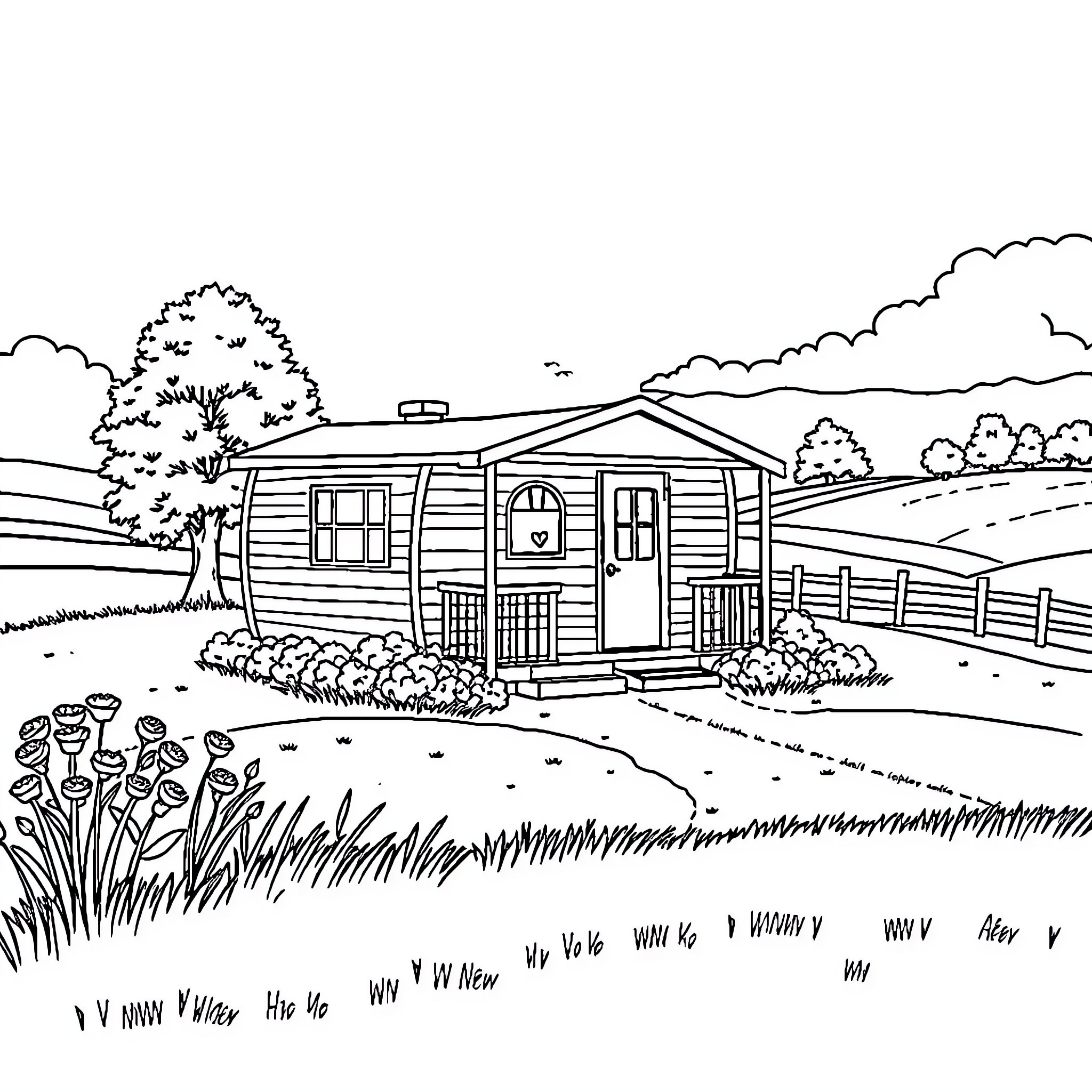 Mobile Home in Peaceful Countryside Landscape Coloring Page (free black-and-white line drawing printable PDF for all, from beginners to advanced learners, including children, teens, adults, and seniors)