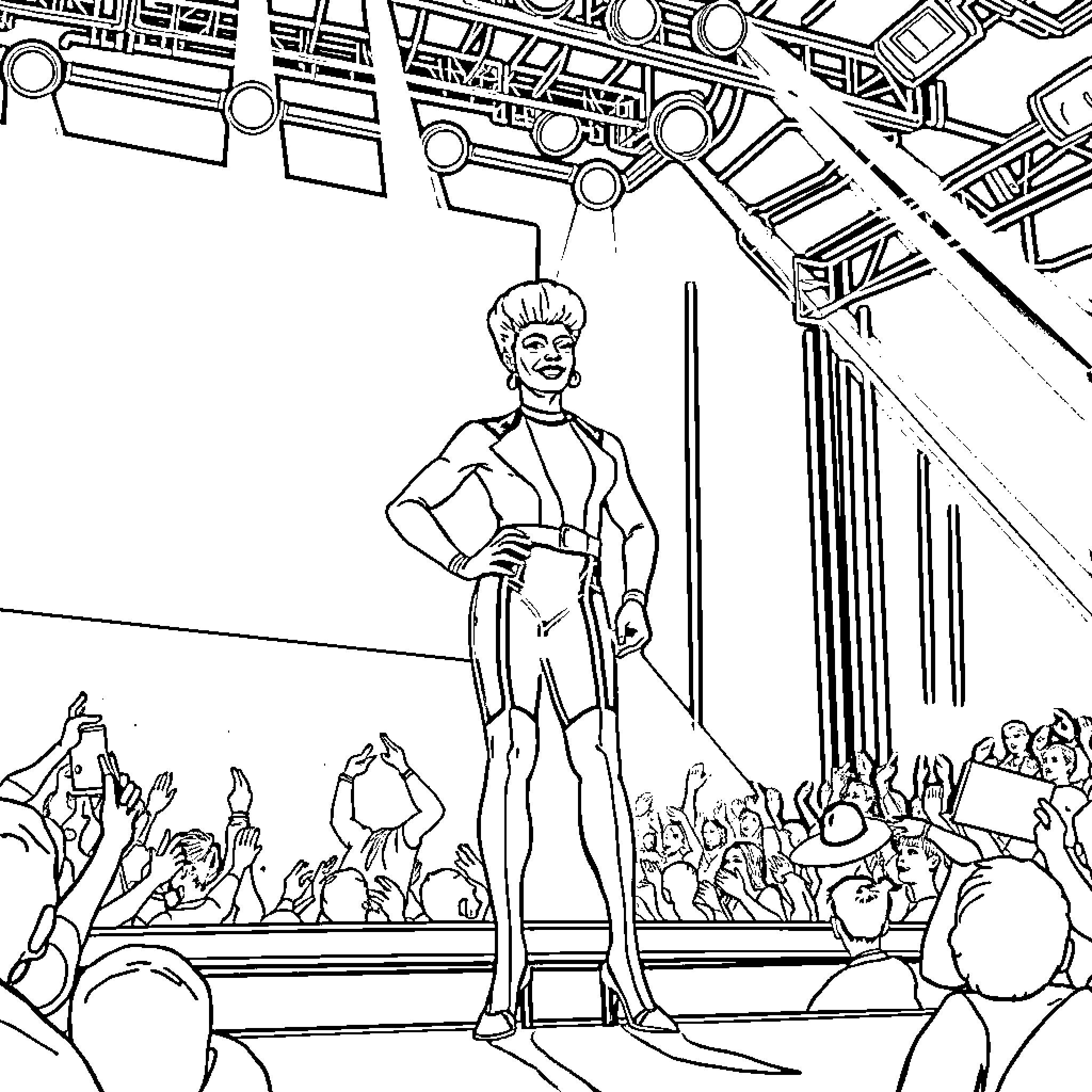 RuPaul's energetic performance on stage Coloring Page (free black-and-white line drawing printable PDF for all, from beginners to advanced learners, including children, teens, adults, and seniors)