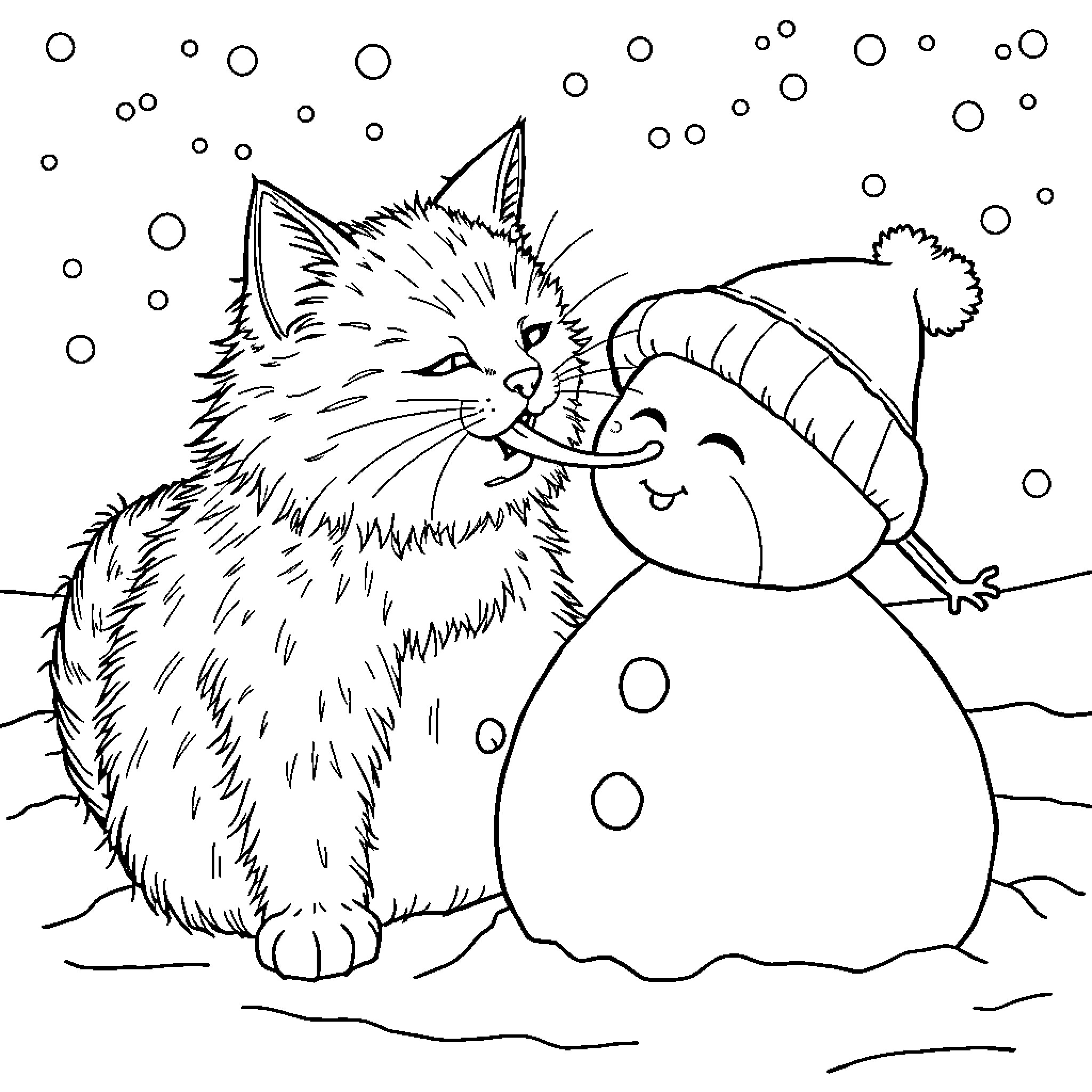 Cat and Snowman Playing in the Snow Coloring Page (free black-and-white line drawing printable PDF for all, from beginners to advanced learners, including children, teens, adults, and seniors)