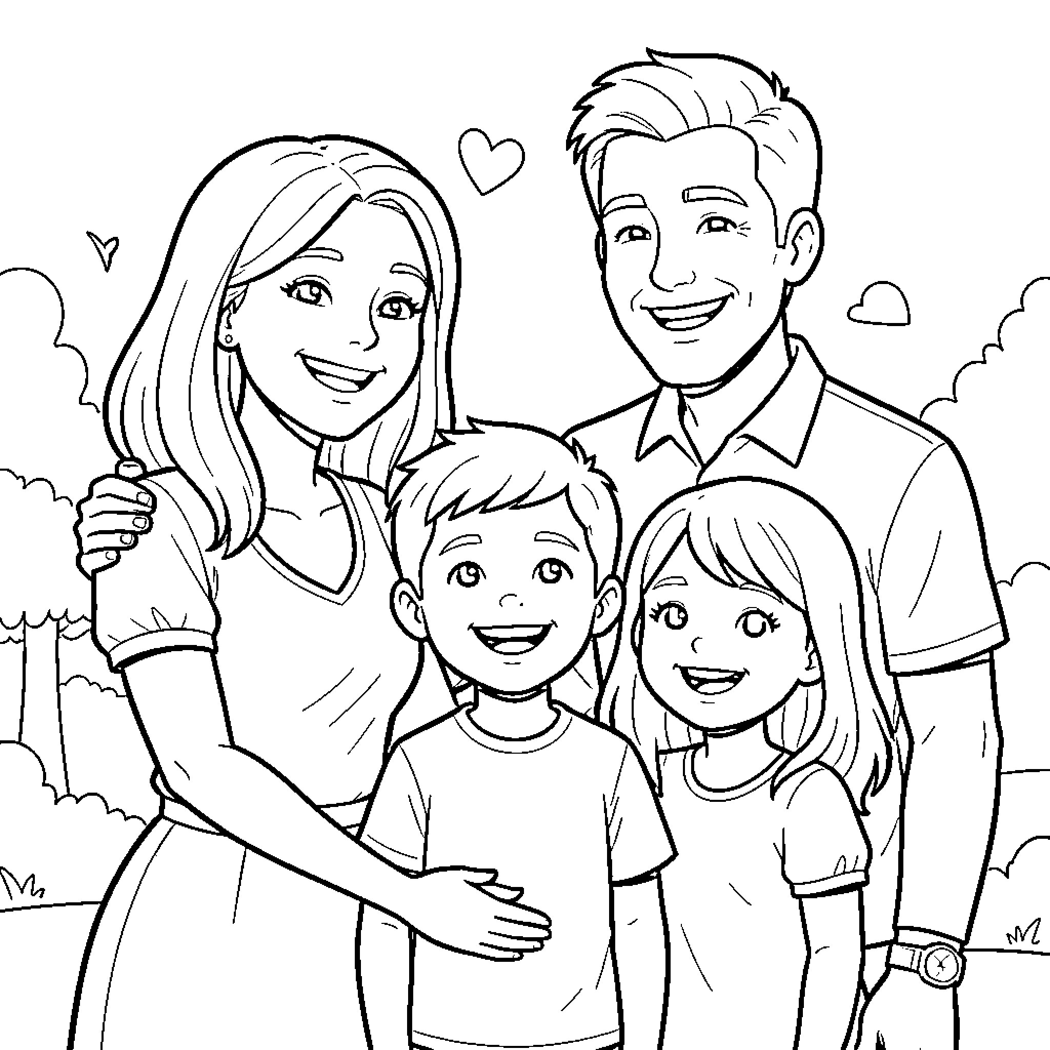 Family Enjoying a Sunny Day Together Coloring Page (free black-and-white line drawing printable PDF for all, from beginners to advanced learners, including children, teens, adults, and seniors)