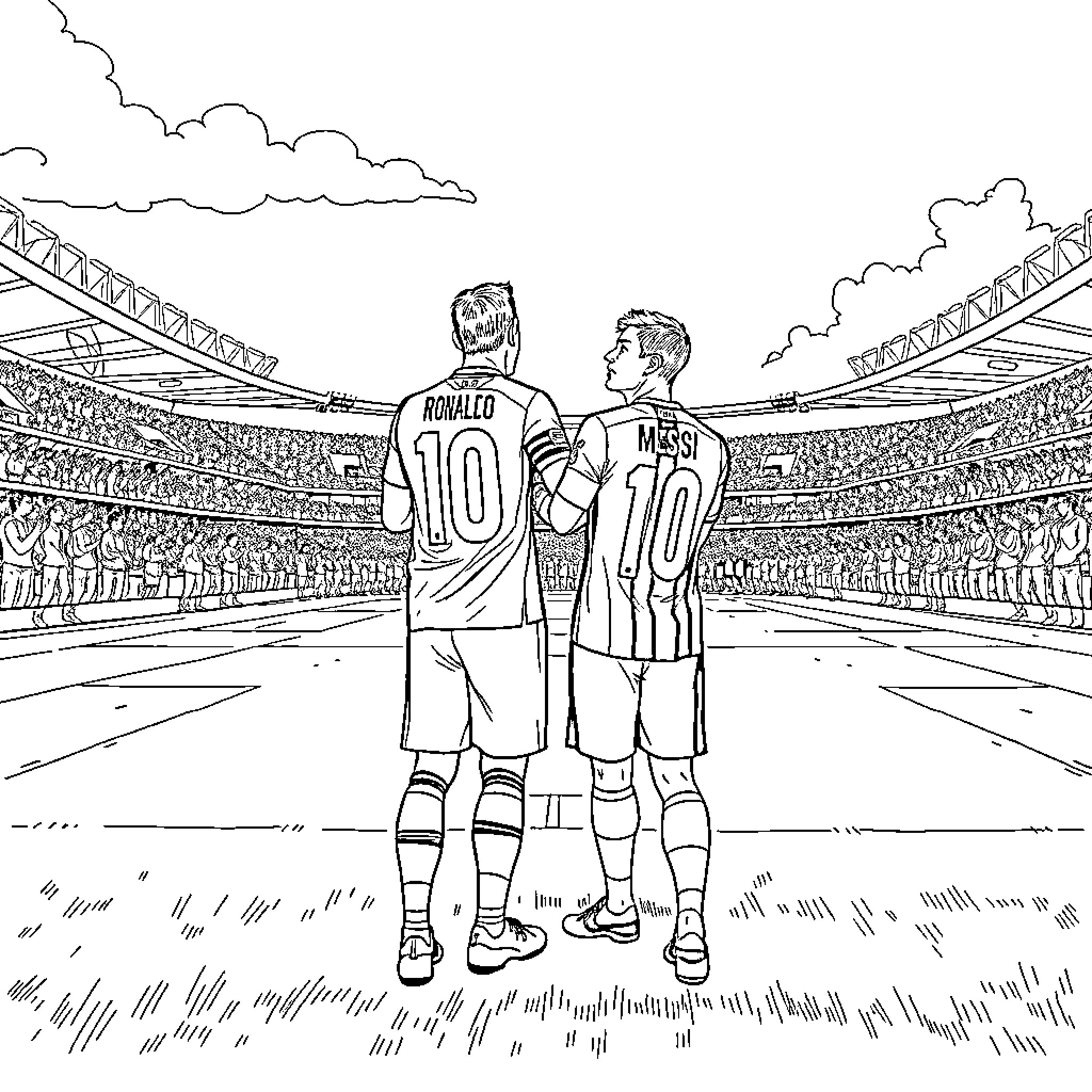 Cristiano Ronaldo and Lionel Messi facing off on soccer field Coloring Page (free black-and-white line drawing printable PDF for all, from beginners to advanced learners, including children, teens, adults, and seniors)
