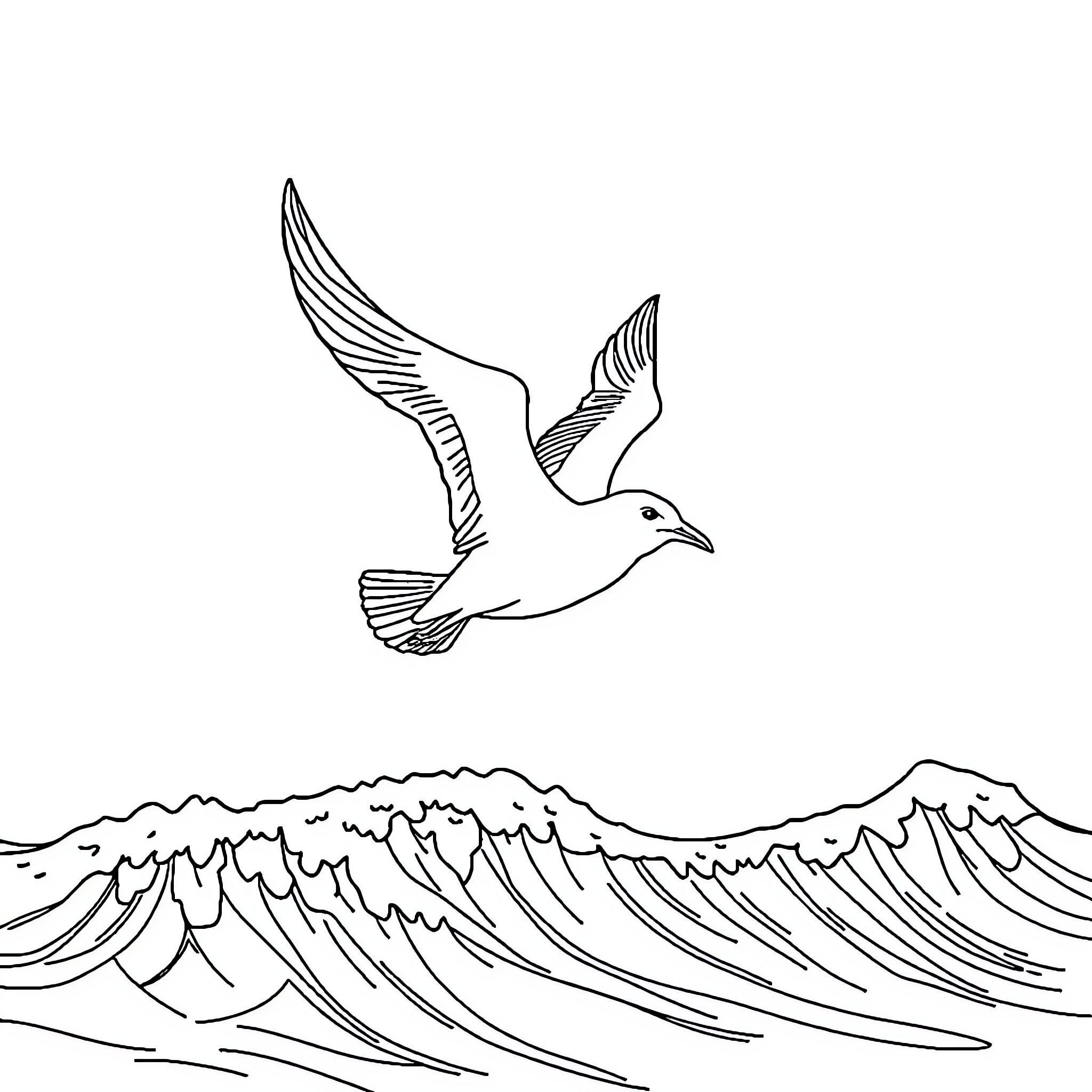 Seagull soaring over crashing waves Coloring Page (free black-and-white line drawing printable PDF for all, from beginners to advanced learners, including children, teens, adults, and seniors)