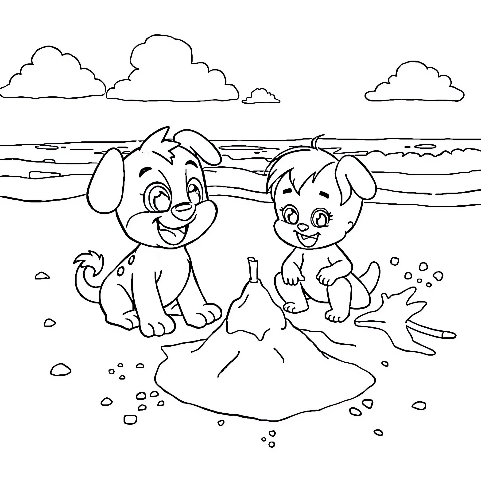 Bluey's Playful Beach Adventure Coloring Page (free black-and-white line drawing printable PDF for all, from beginners to advanced learners, including children, teens, adults, and seniors)