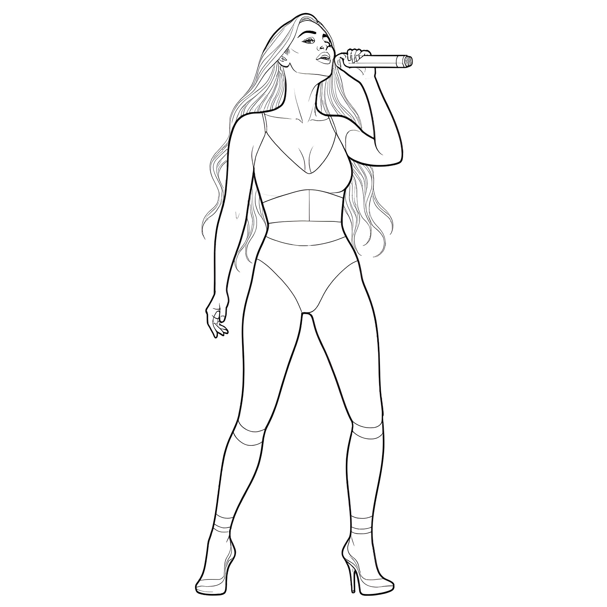 Beyonce performing on stage in her signature outfit Coloring Page (free black-and-white line drawing printable PDF for all, from beginners to advanced learners, including children, teens, adults, and seniors)