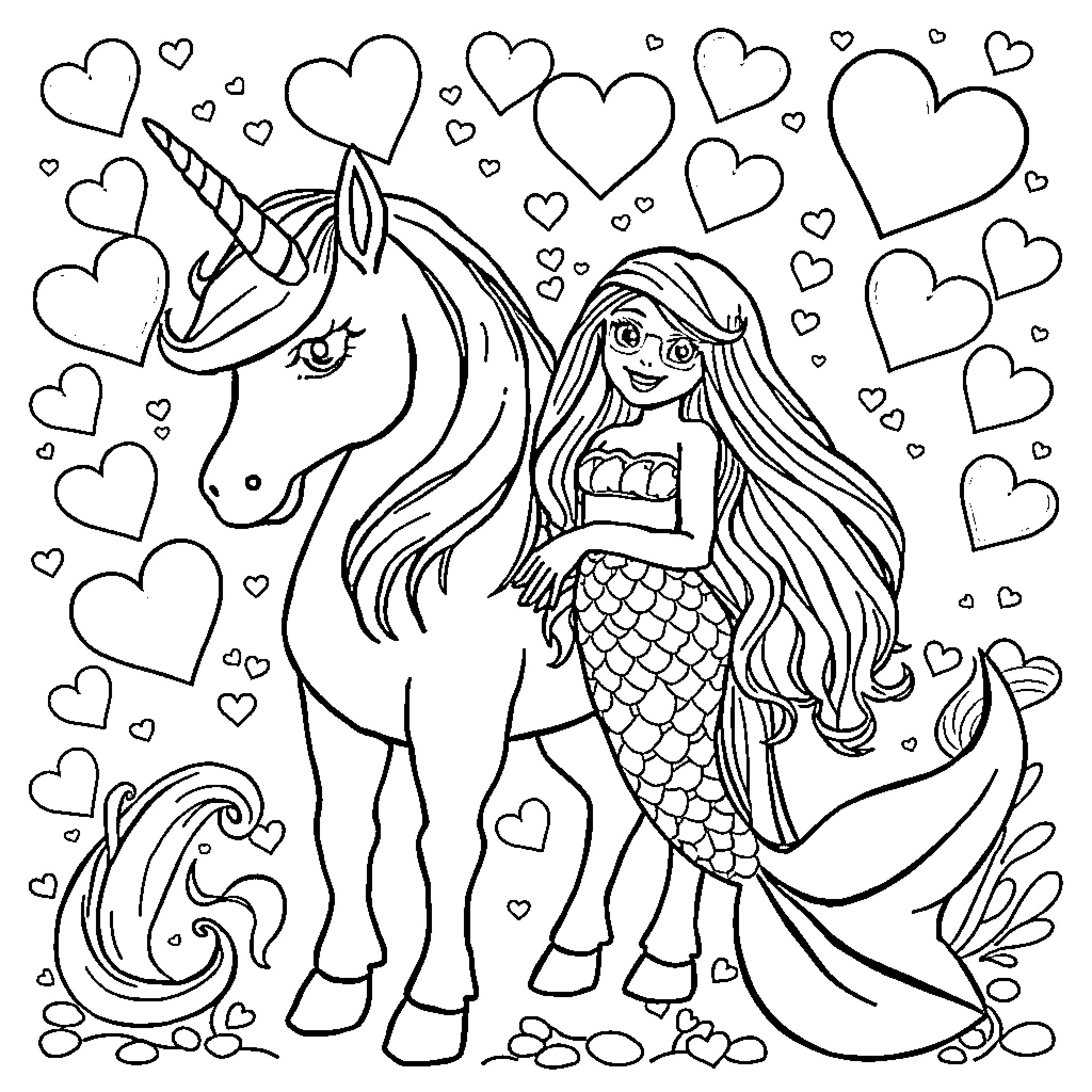 Unicorn and Mermaid in a Magical Heart-Filled World Coloring Page (free black-and-white line drawing printable PDF for all, from beginners to advanced learners, including children, teens, adults, and seniors)