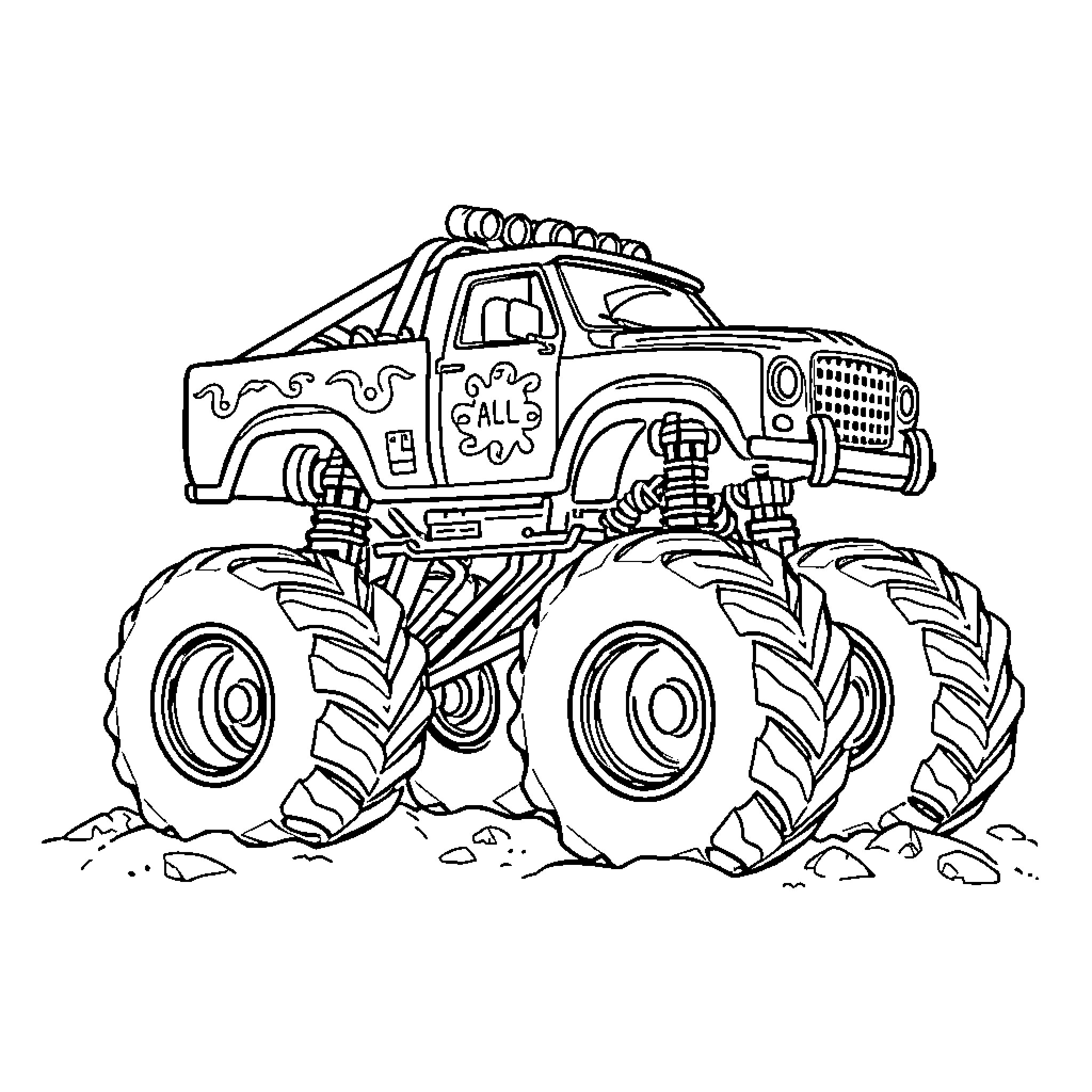 Monster Truck Crushing Rocks on the Dirt Track Coloring Page (free black-and-white line drawing printable PDF for all, from beginners to advanced learners, including children, teens, adults, and seniors)