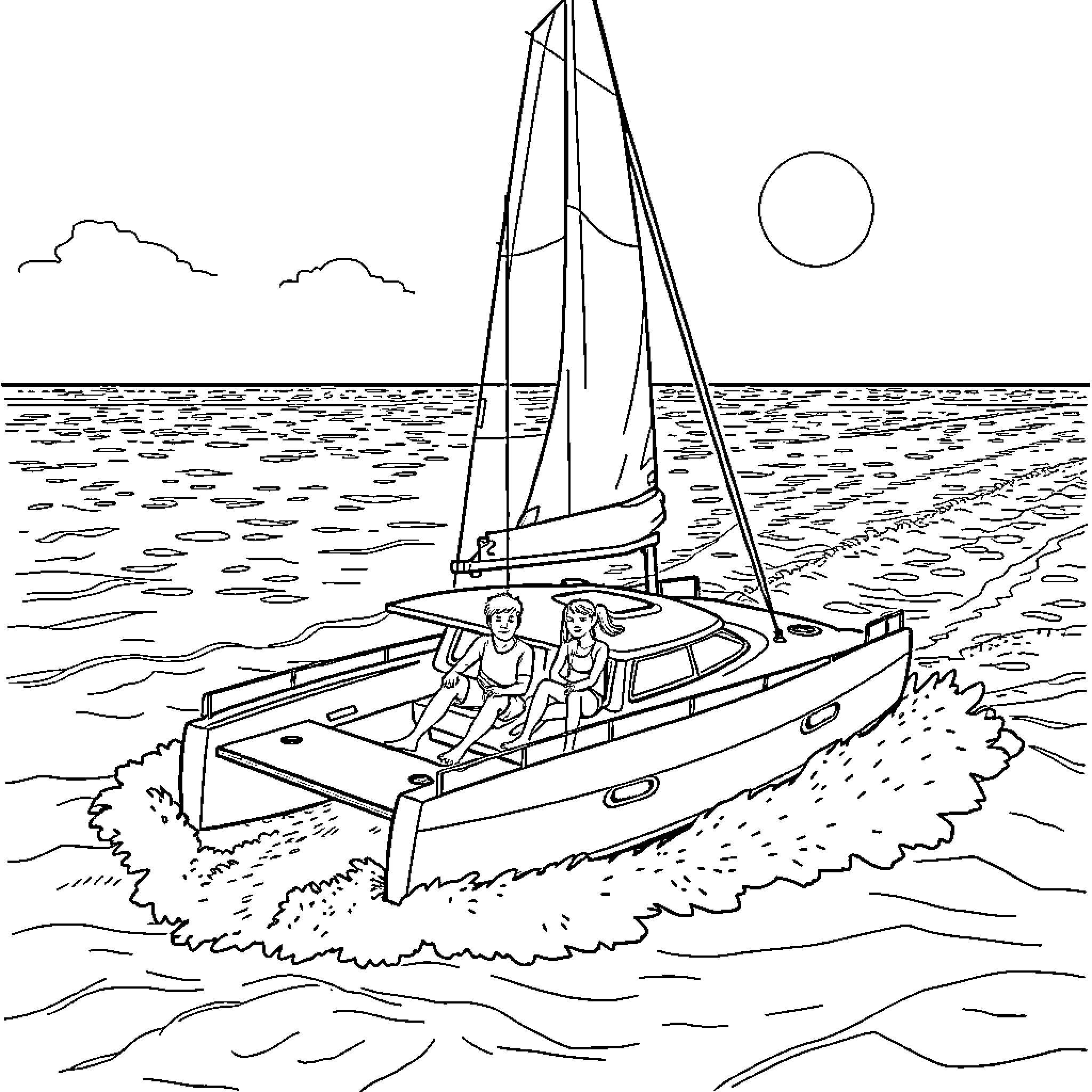 Catamaran sailing adventure on tranquil waters Coloring Page (free black-and-white line drawing printable PDF for all, from beginners to advanced learners, including children, teens, adults, and seniors)