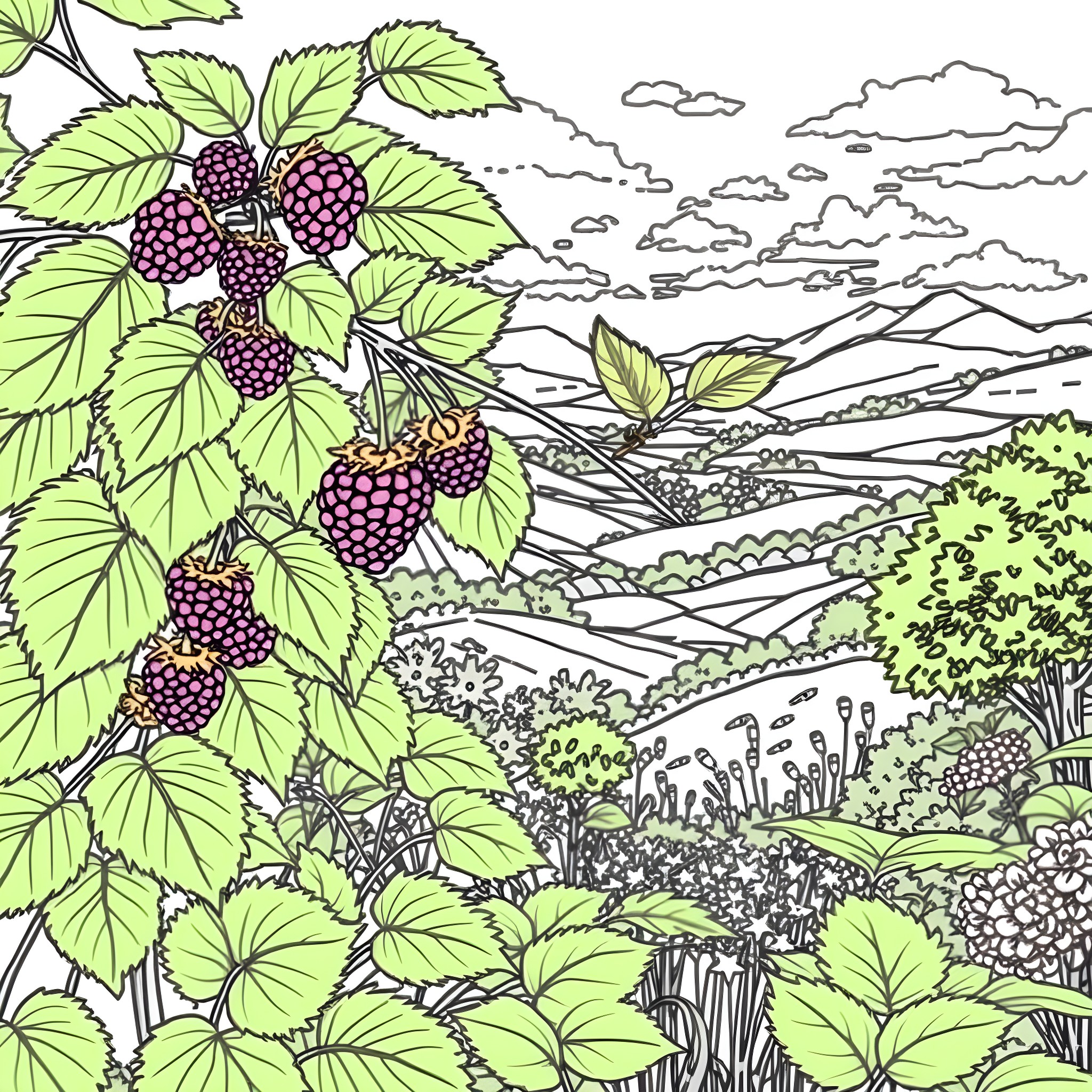 Blackberry bushes in a scenic mountain landscape Coloring Page (free black-and-white line drawing printable PDF for all, from beginners to advanced learners, including children, teens, adults, and seniors)