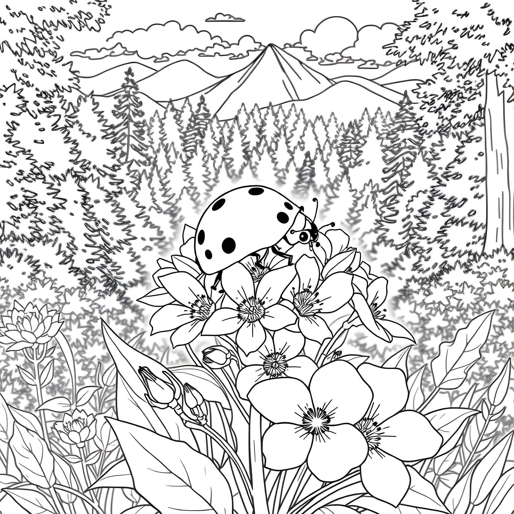 Ladybug exploring beautiful floral scenery Coloring Page (free black-and-white line drawing printable PDF for all, from beginners to advanced learners, including children, teens, adults, and seniors)