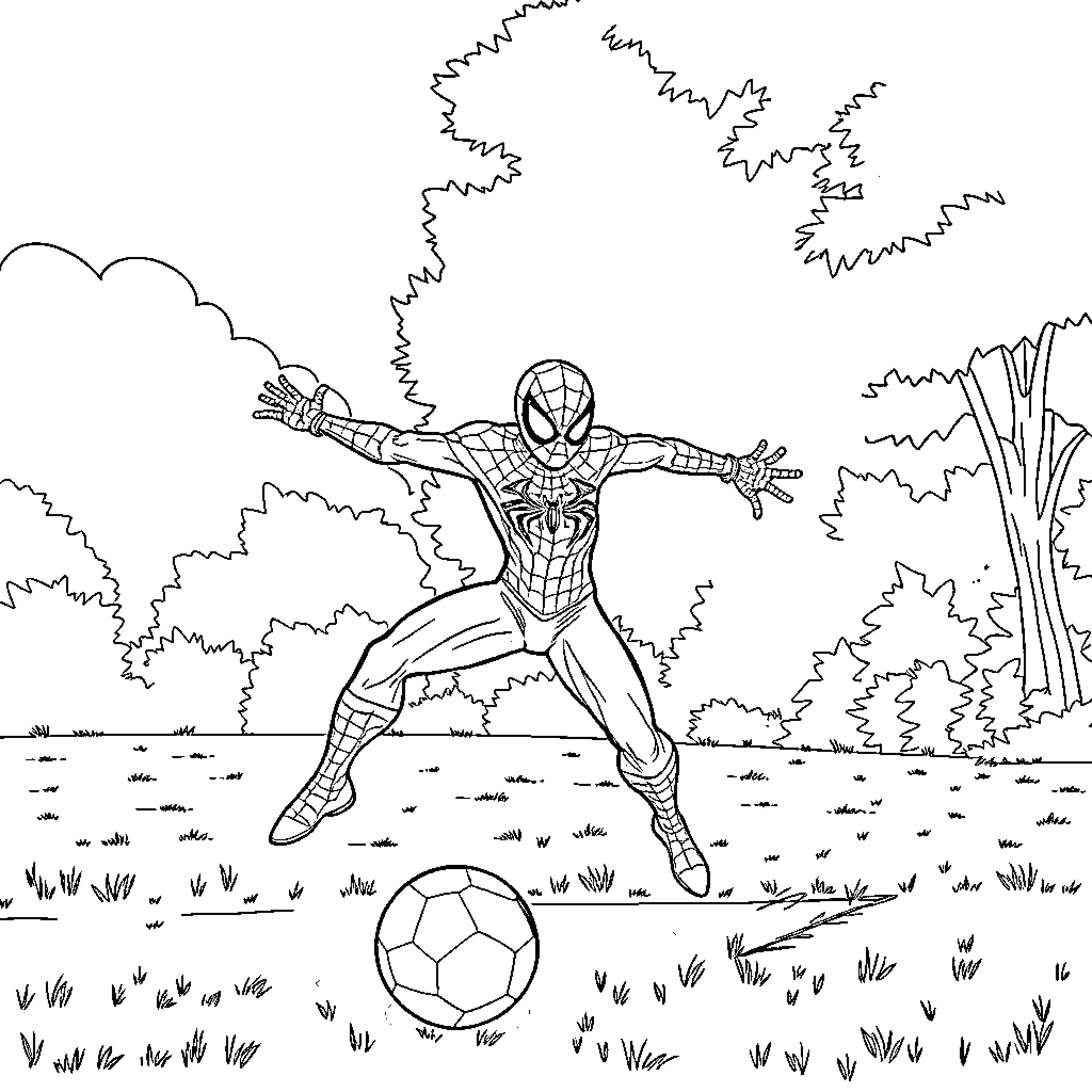 Spiderman playing with a soccer ball in the park Coloring Page (free black-and-white line drawing printable PDF for all, from beginners to advanced learners, including children, teens, adults, and seniors)